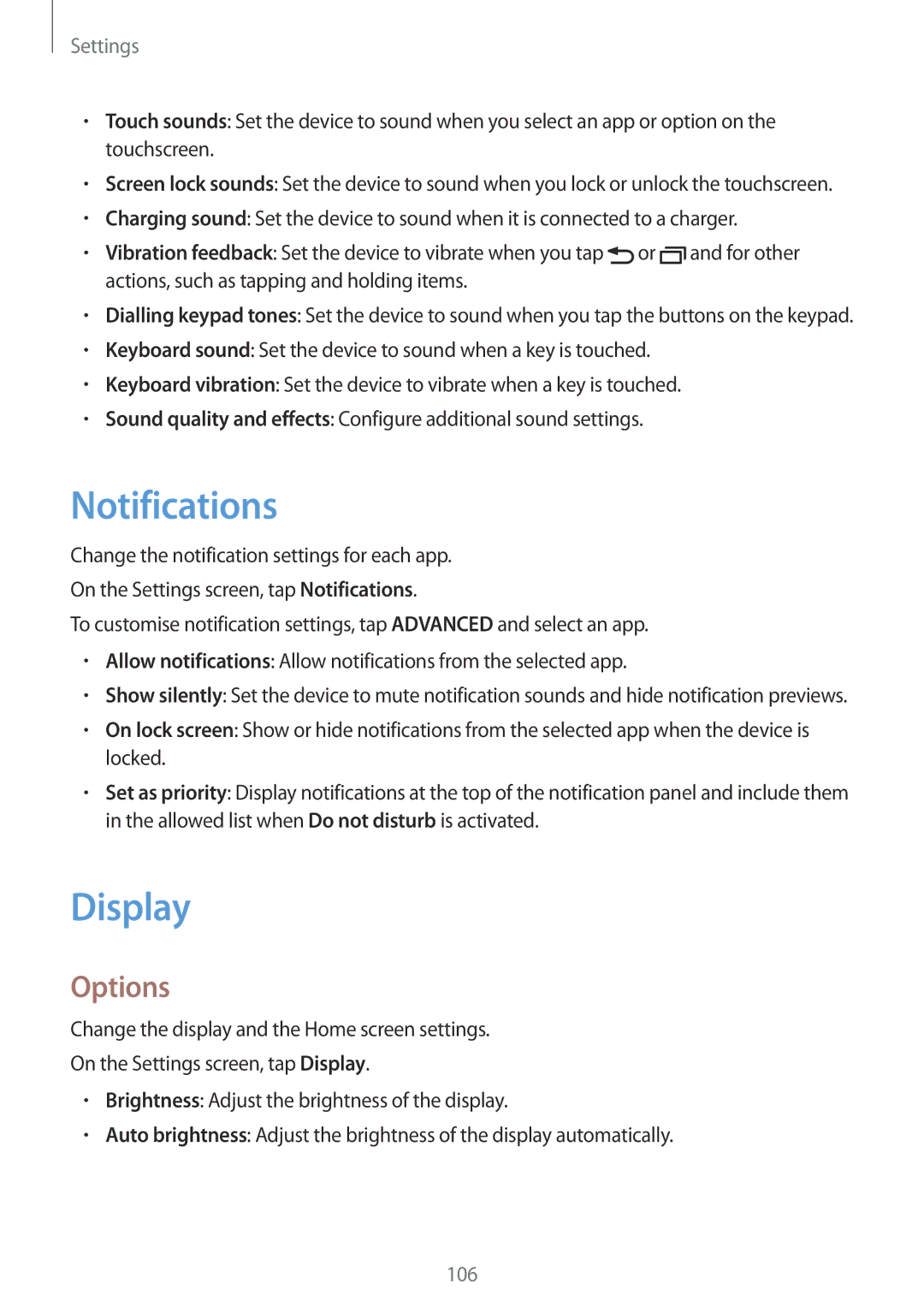 Samsung SM-T715NZKEXEH, SM-T815NZKEDBT, SM-T815NZWEDBT, SM-T715NZKEDBT, SM-T715NZWEDBT manual Notifications, Display, Options 