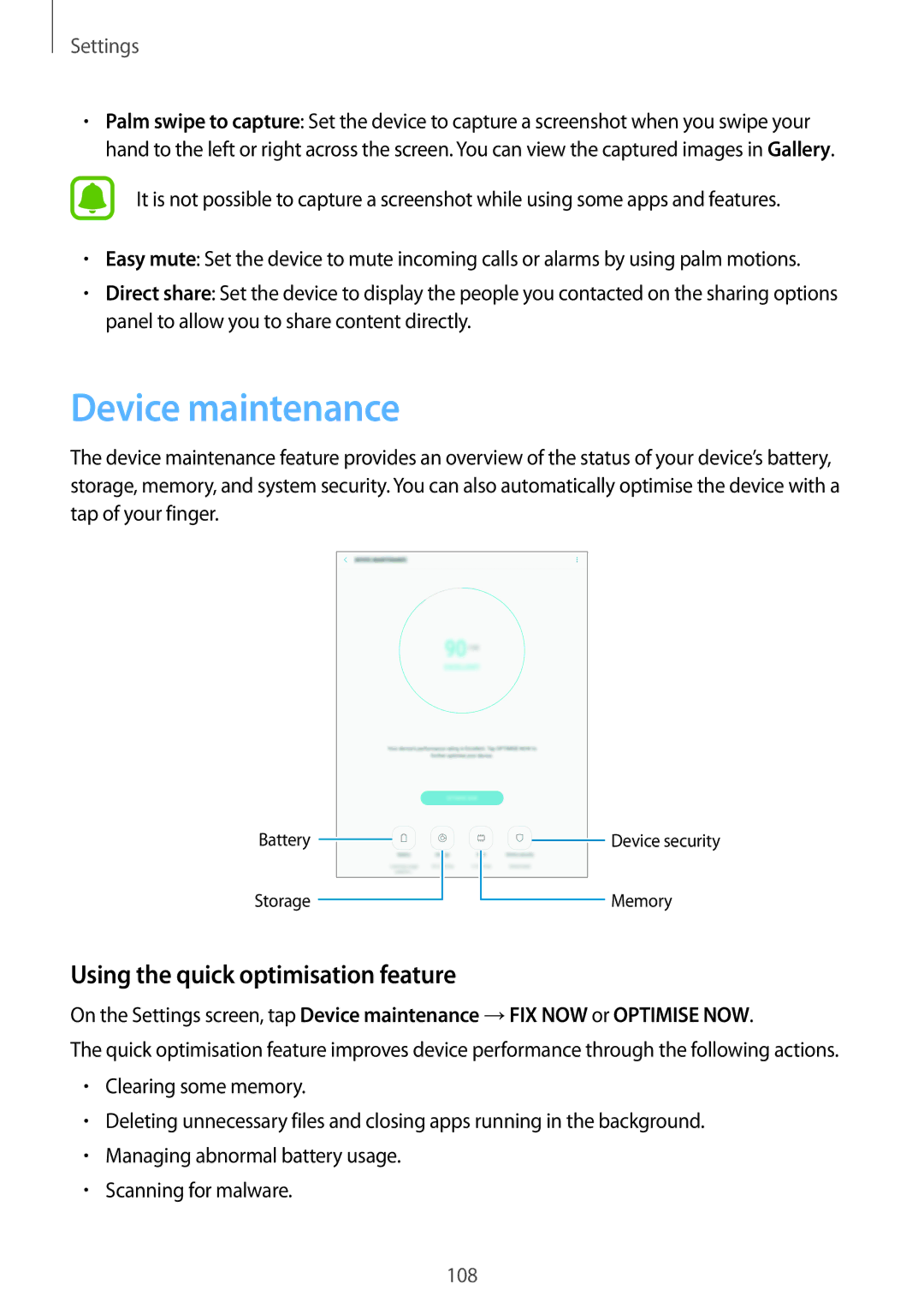 Samsung SM-T815NZKEXEH, SM-T815NZKEDBT, SM-T815NZWEDBT manual Device maintenance, Using the quick optimisation feature 