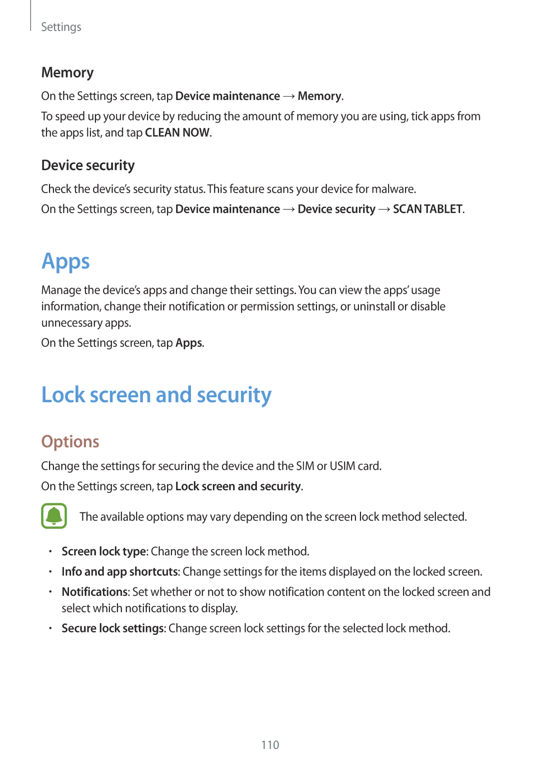 Samsung SM-T715NZKEPAN, SM-T815NZKEDBT, SM-T815NZWEDBT manual Apps, Lock screen and security, Memory, Device security 