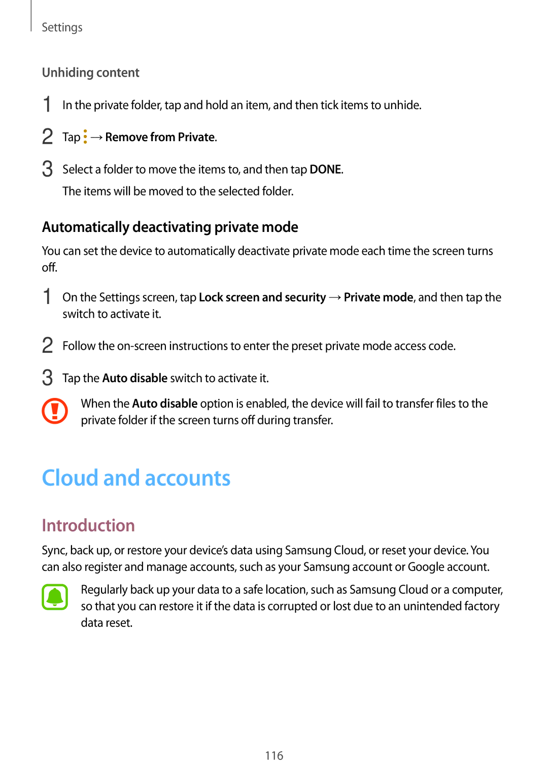 Samsung SM-T715NZWEXSK manual Cloud and accounts, Automatically deactivating private mode, Tap →Remove from Private 