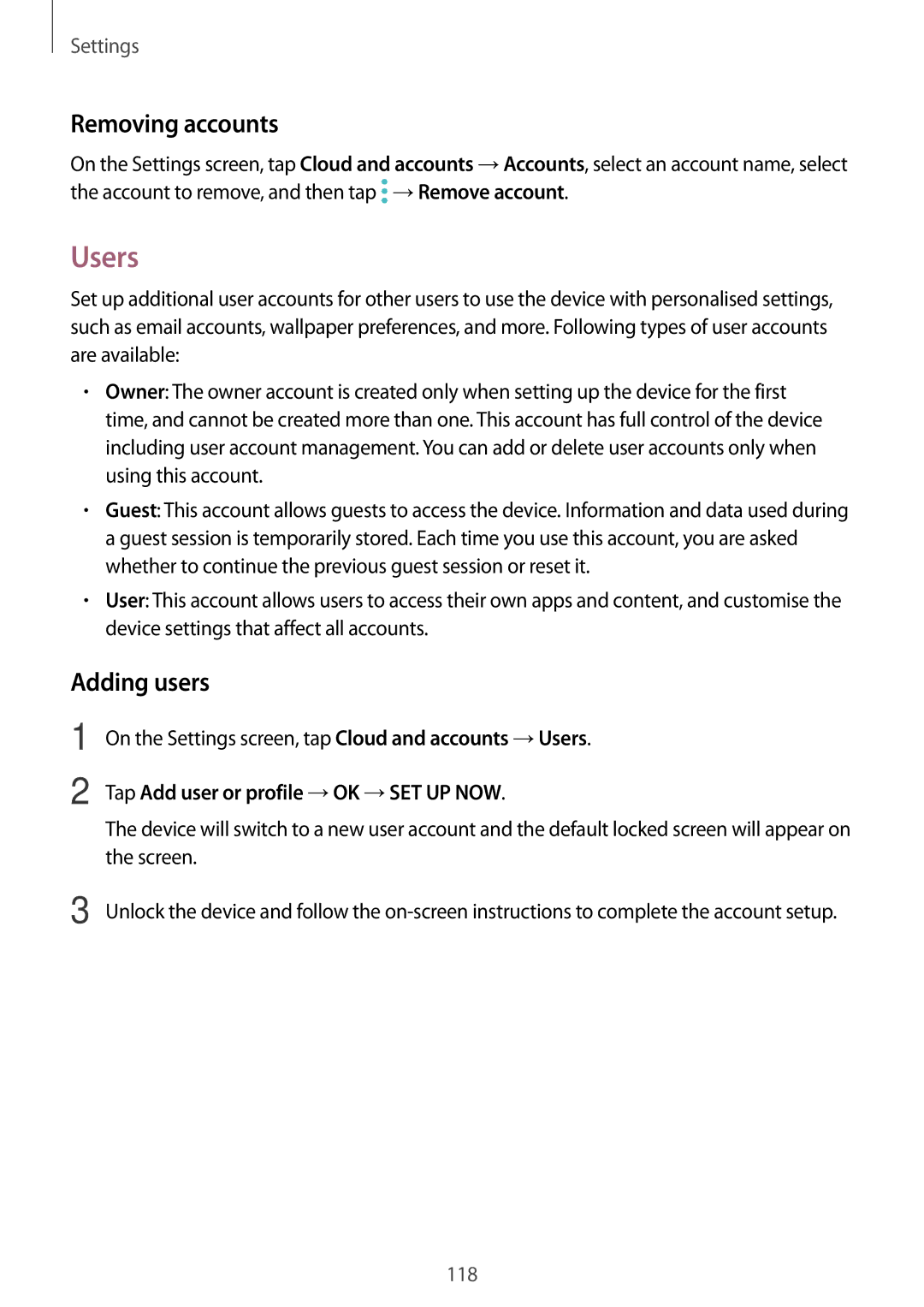 Samsung SM-T715NZWEEUR manual Removing accounts, Adding users, On the Settings screen, tap Cloud and accounts →Users 