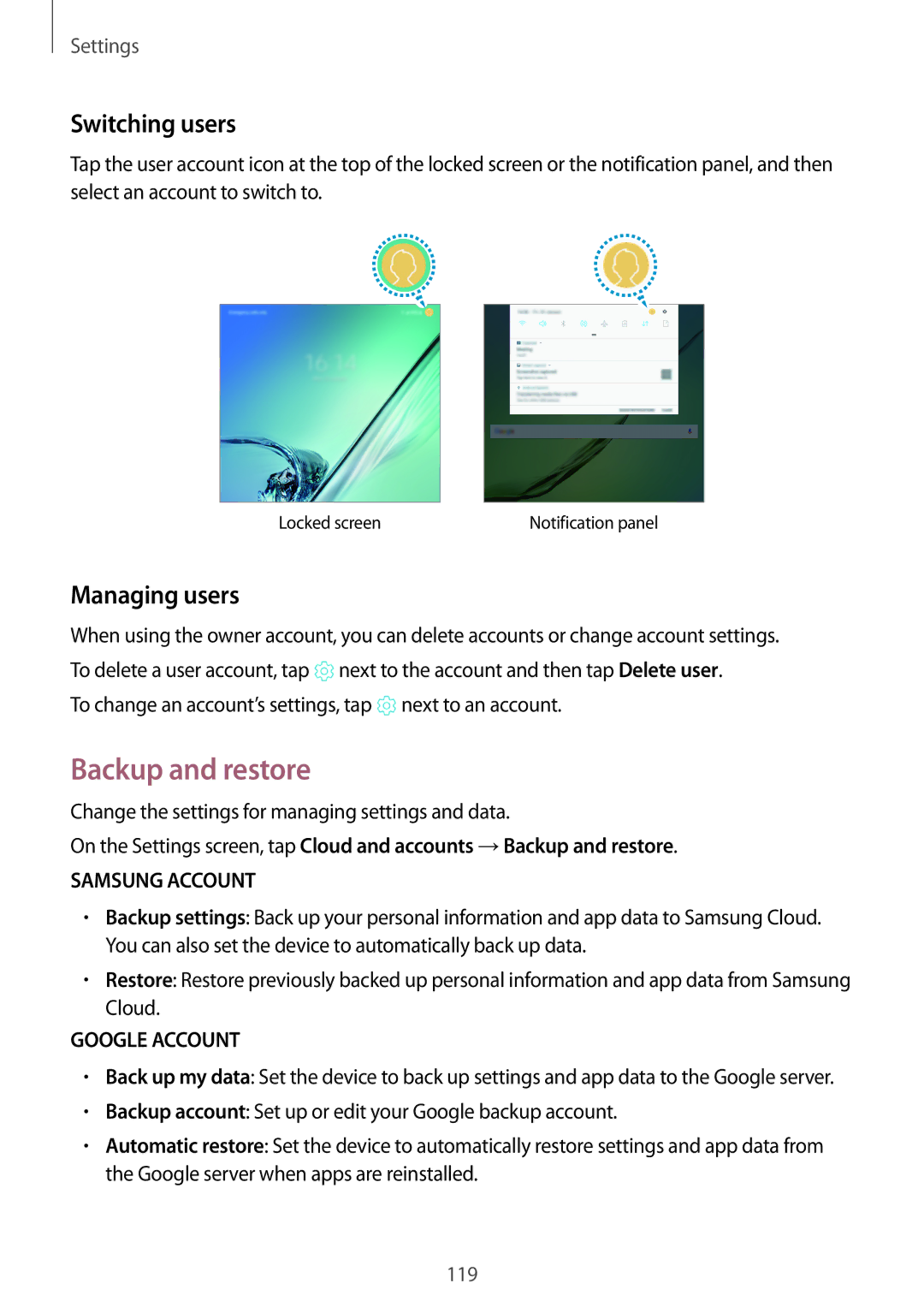 Samsung SM-T715NZDEXEO, SM-T815NZKEDBT, SM-T815NZWEDBT, SM-T715NZKEDBT Backup and restore, Switching users, Managing users 