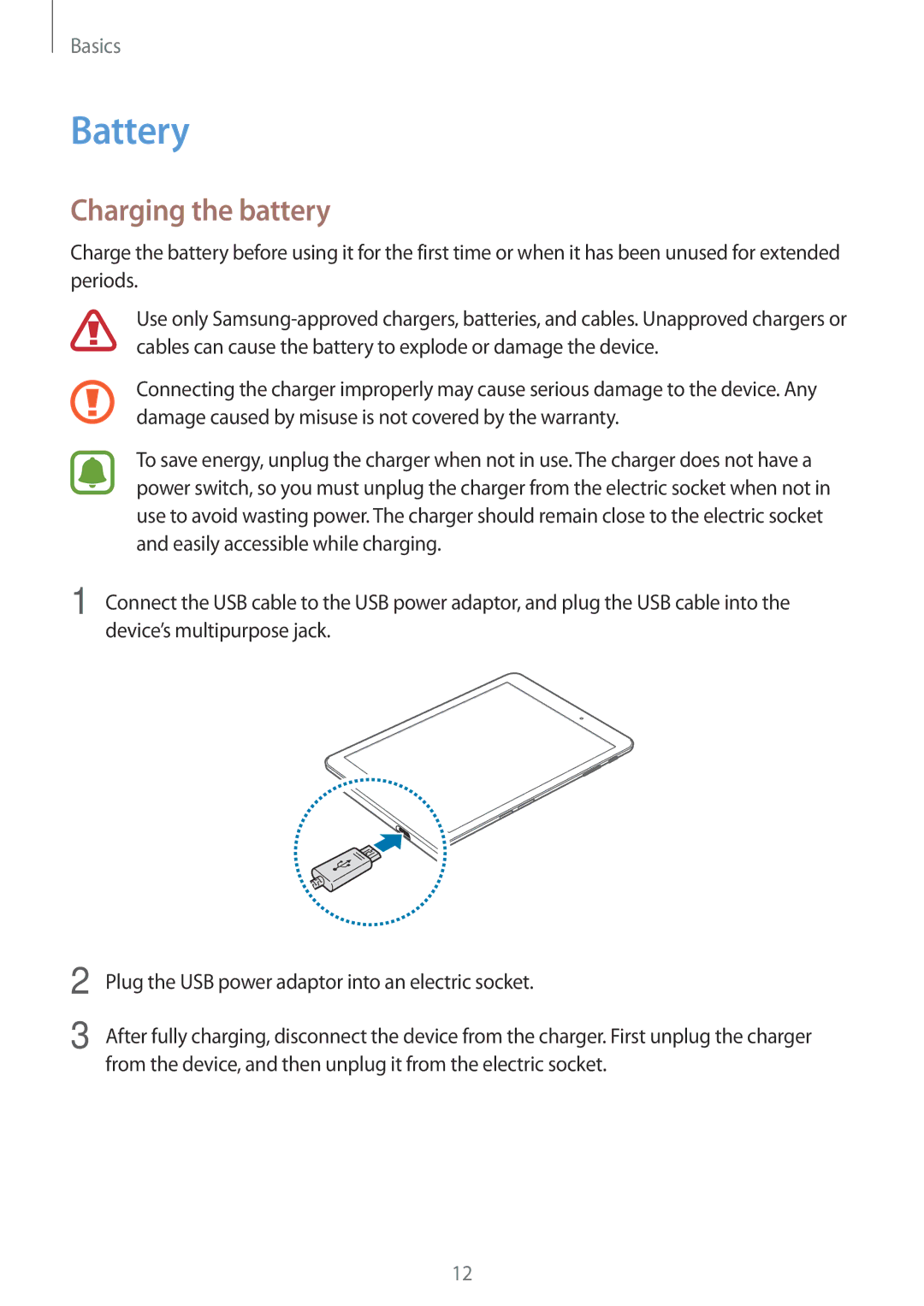 Samsung SM-T815NZWEXEO, SM-T815NZKEDBT, SM-T815NZWEDBT, SM-T715NZKEDBT, SM-T715NZWEDBT manual Battery, Charging the battery 