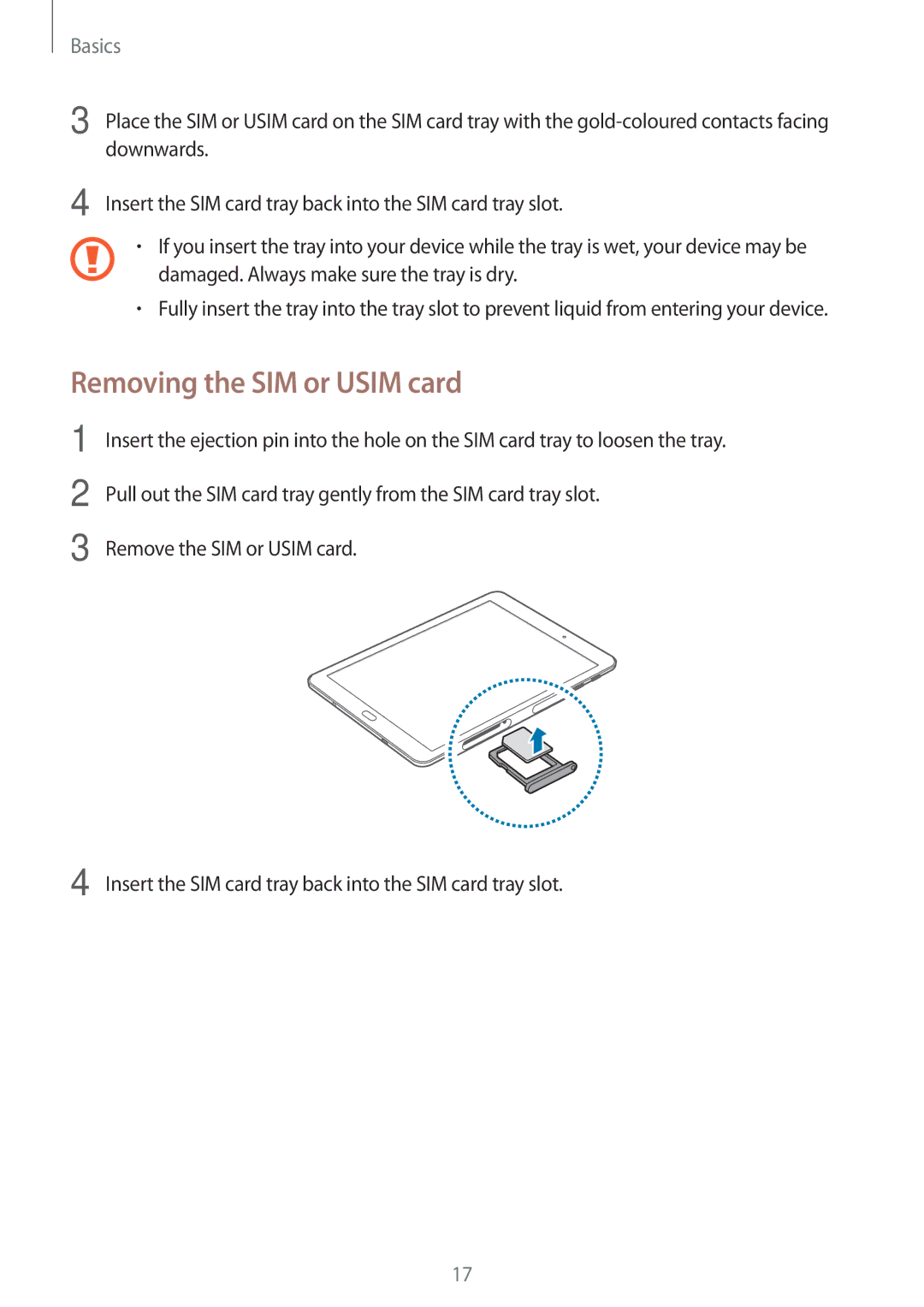 Samsung SM-T715NZWEPHE Removing the SIM or Usim card, Downwards, Insert the SIM card tray back into the SIM card tray slot 