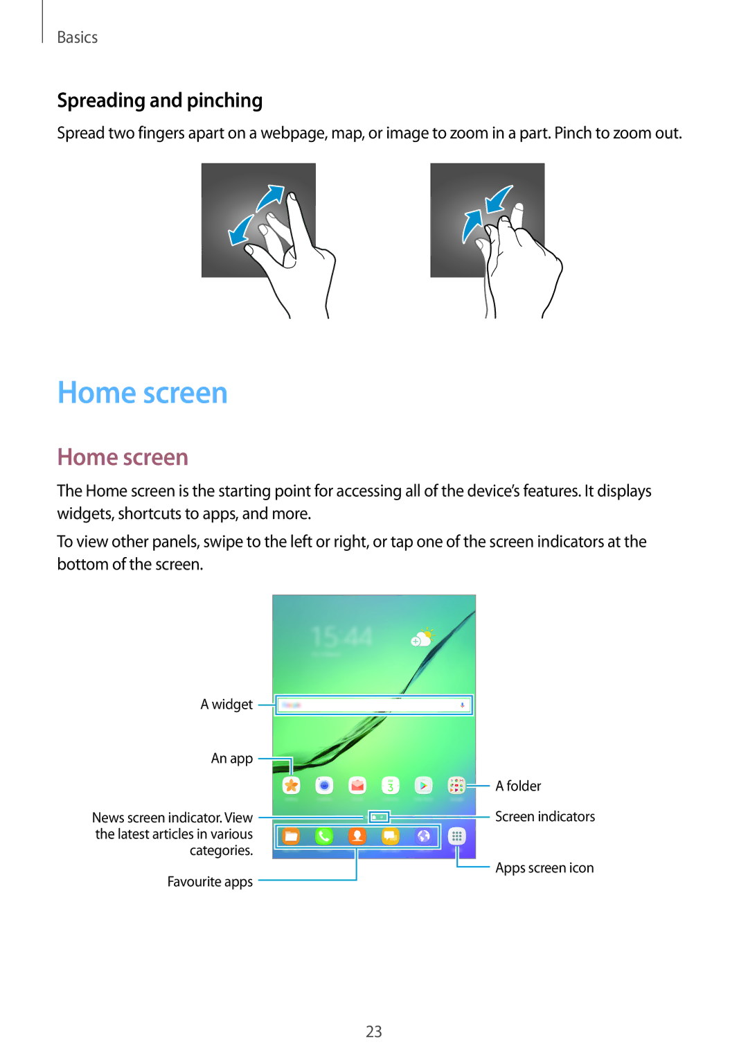 Samsung SM-T815YZDEXXV, SM-T815NZKEDBT, SM-T815NZWEDBT, SM-T715NZKEDBT, SM-T715NZWEDBT Home screen, Spreading and pinching 