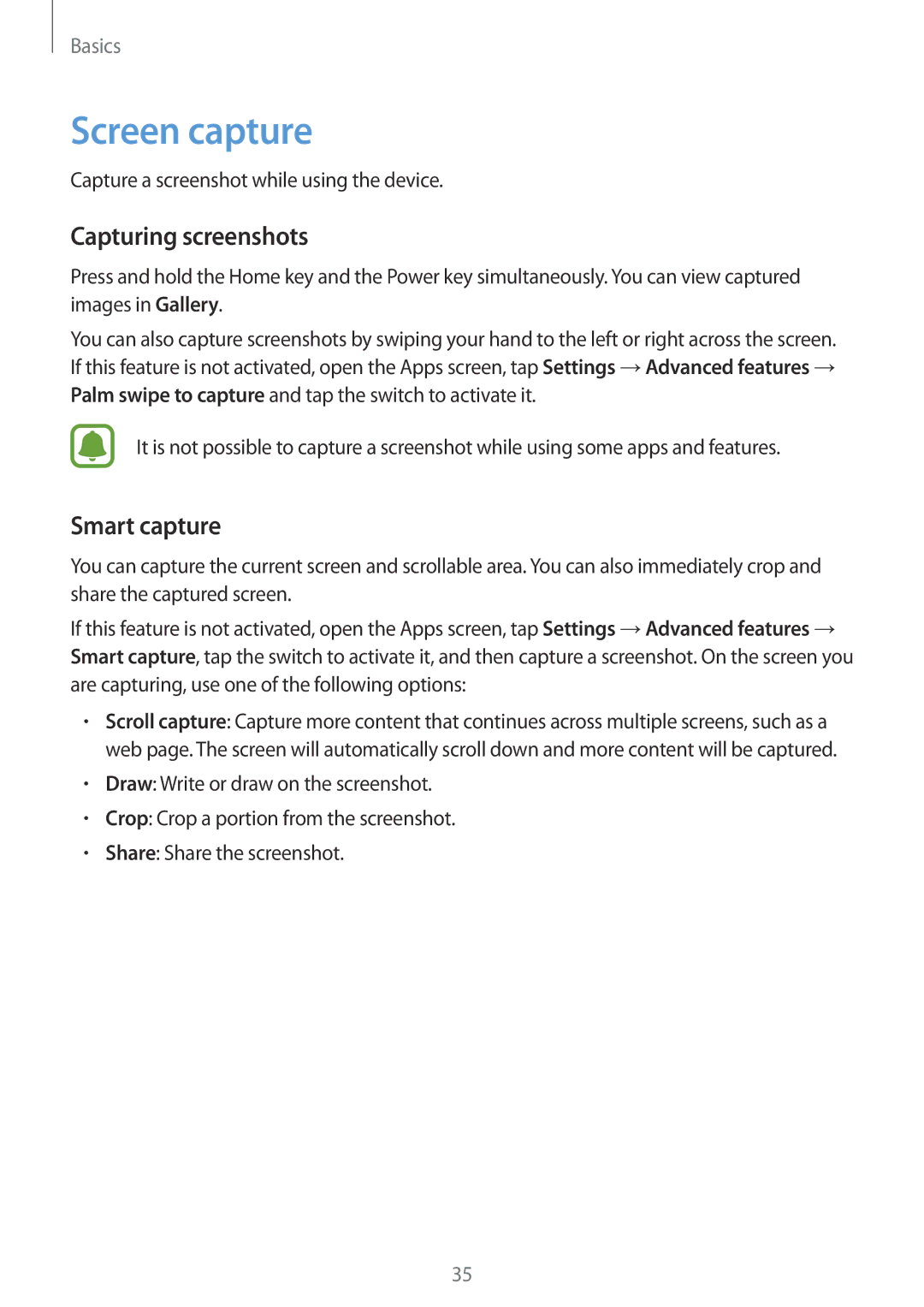 Samsung SM-T815NZWEXEZ Screen capture, Capturing screenshots, Smart capture, Capture a screenshot while using the device 