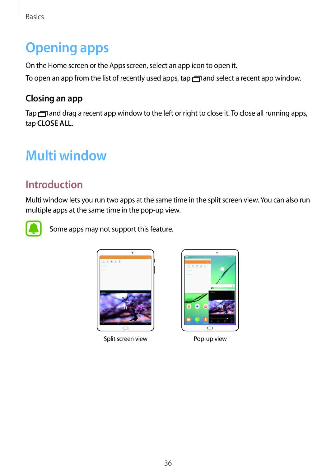 Samsung SM-T815NZKETMZ, SM-T815NZKEDBT, SM-T815NZWEDBT manual Opening apps, Multi window, Introduction, Closing an app 