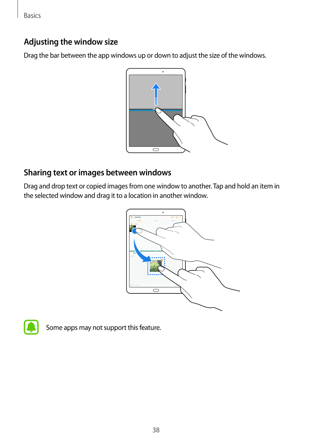 Samsung SM-T715NZKEXEH, SM-T815NZKEDBT, SM-T815NZWEDBT Adjusting the window size, Sharing text or images between windows 