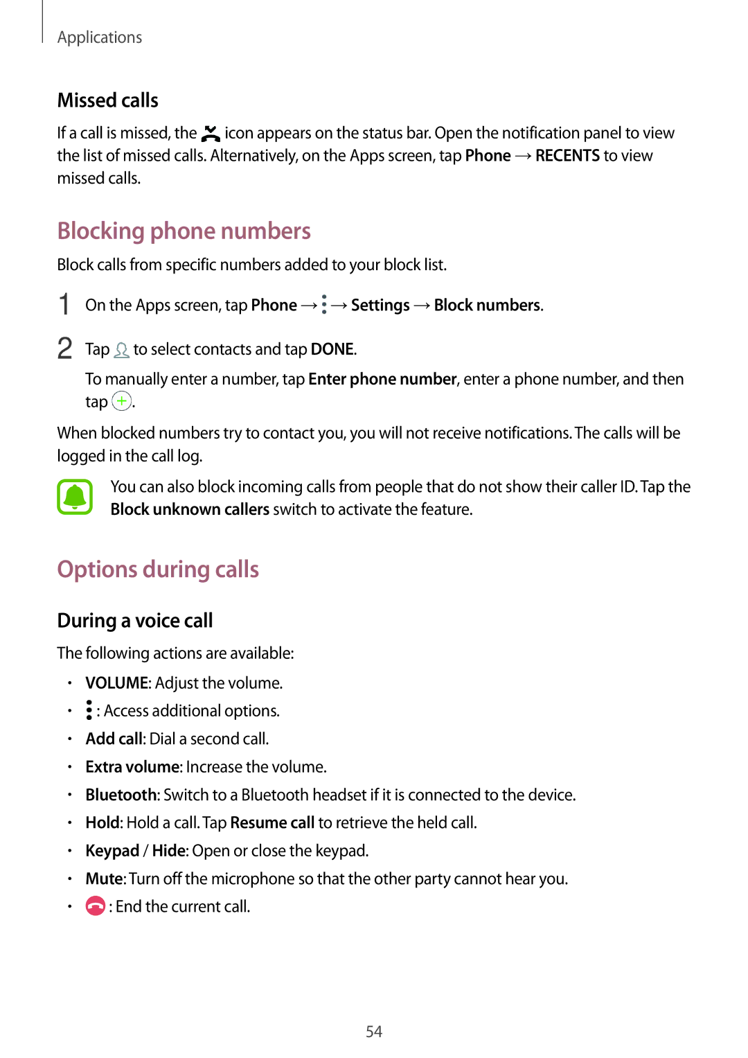 Samsung SM-T715NZKEXSK manual Blocking phone numbers, Options during calls, Missed calls, During a voice call, Tap 