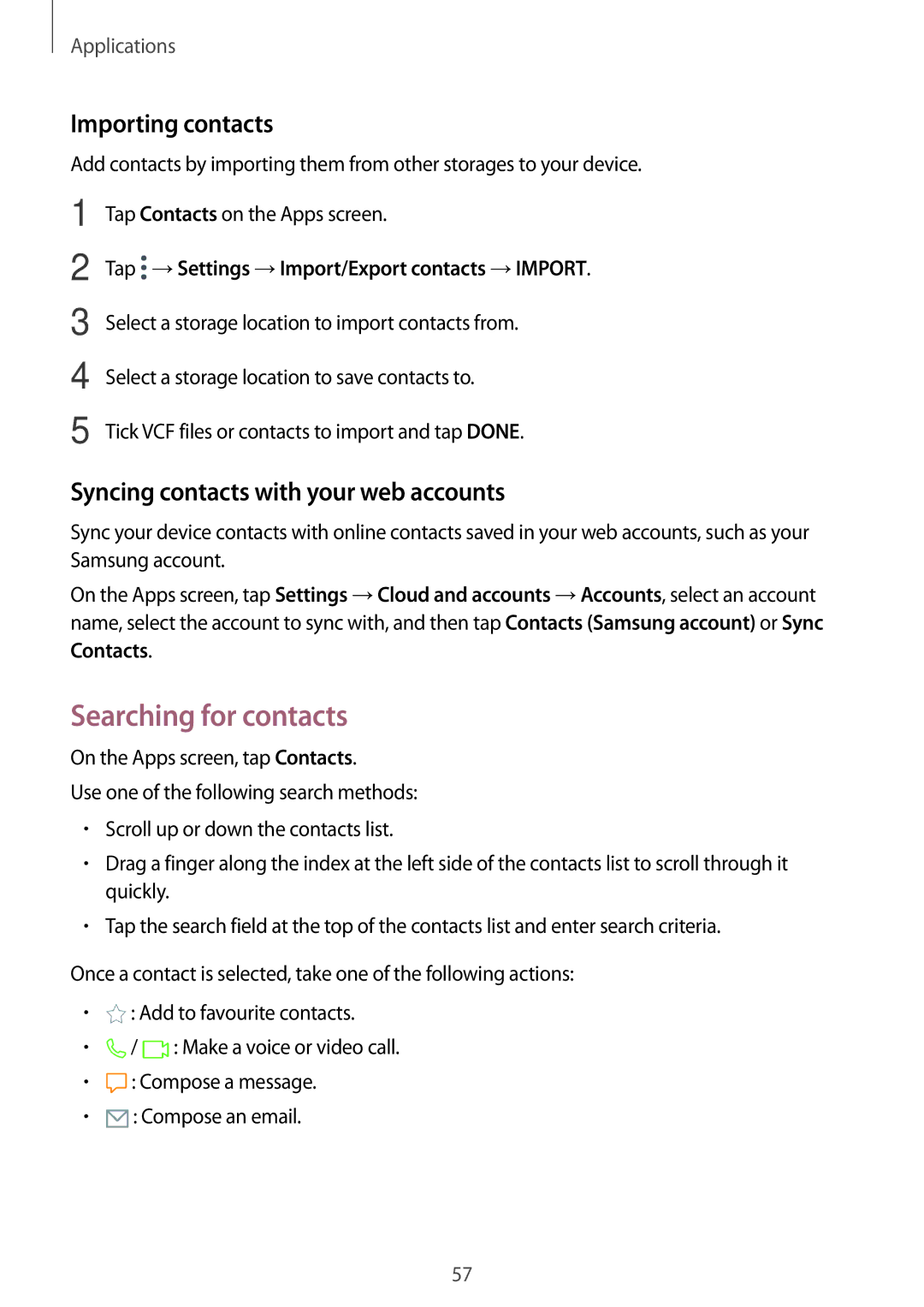 Samsung SM-T715NZWENEE, SM-T815NZKEDBT Searching for contacts, Importing contacts, Syncing contacts with your web accounts 