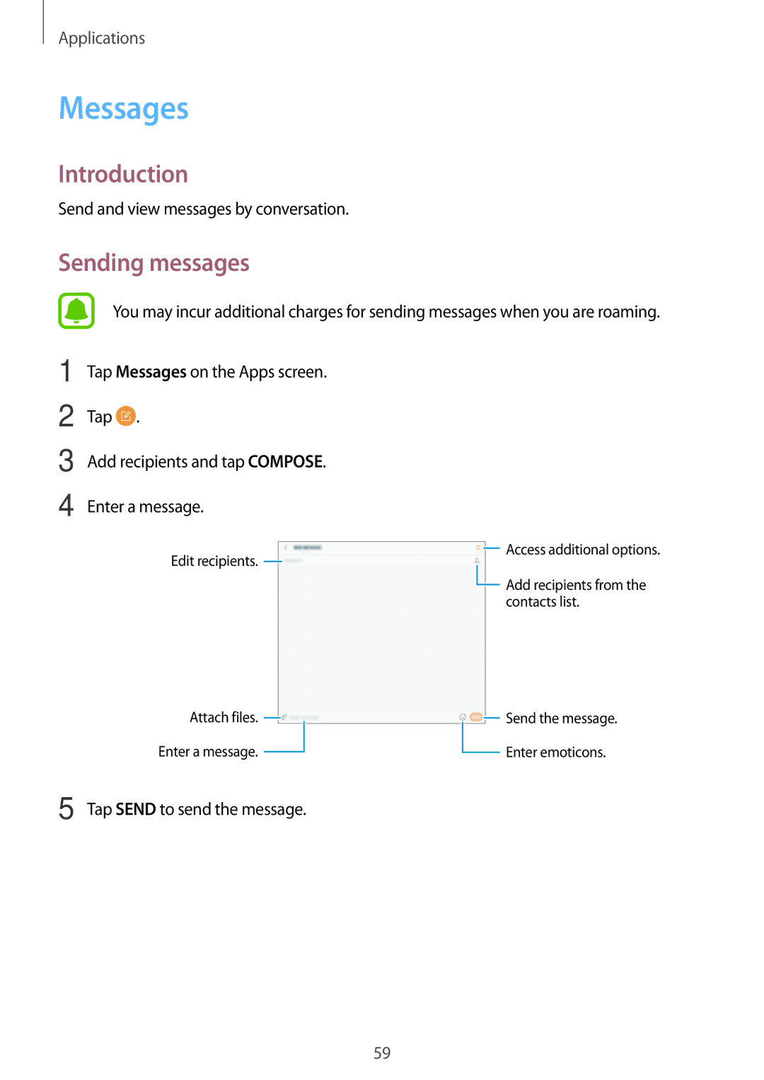 Samsung SM-T815NZDESEB Messages, Sending messages, Send and view messages by conversation, Tap Send to send the message 