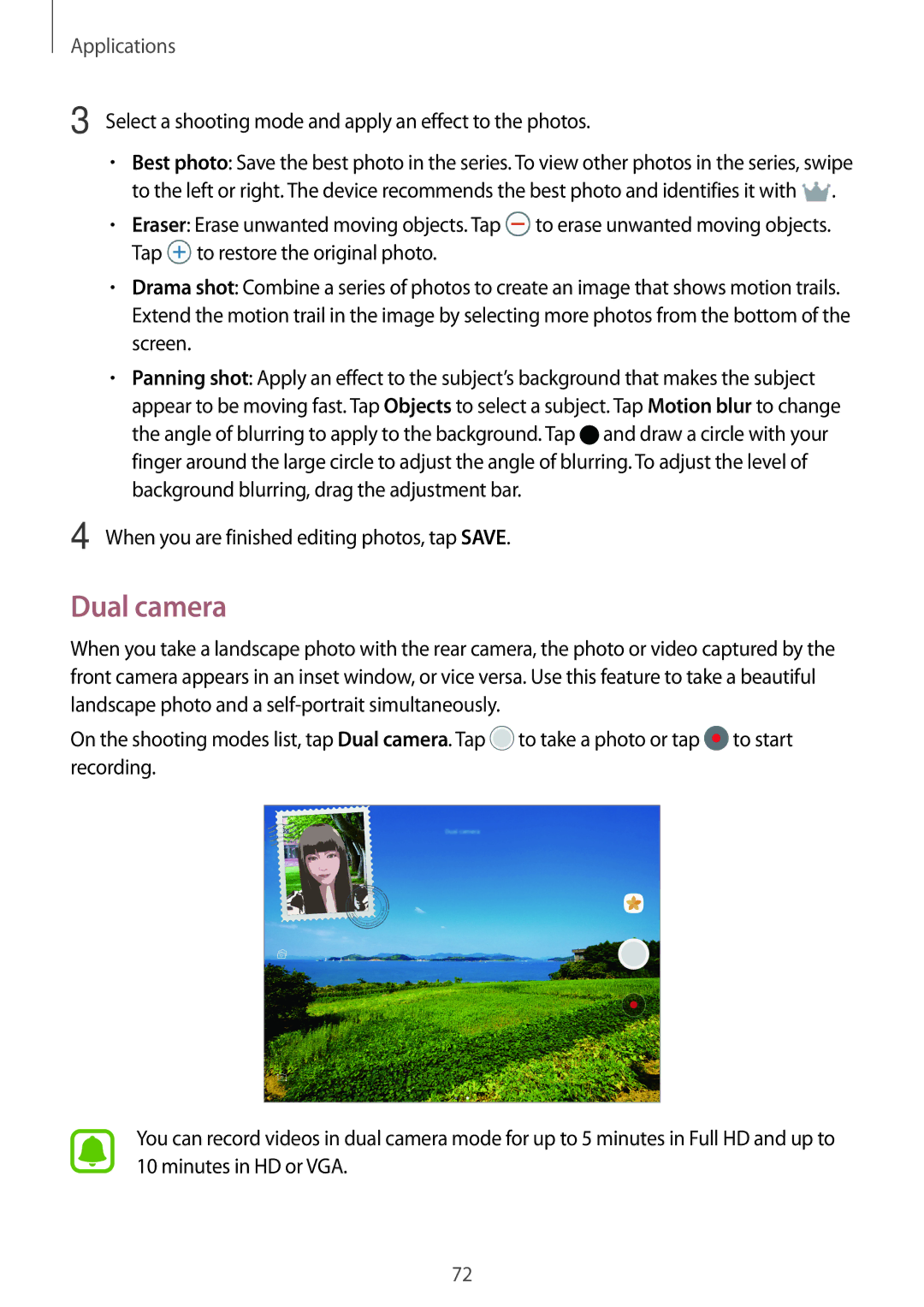 Samsung SM-T815NZWEXEF, SM-T815NZKEDBT manual Dual camera, Select a shooting mode and apply an effect to the photos 