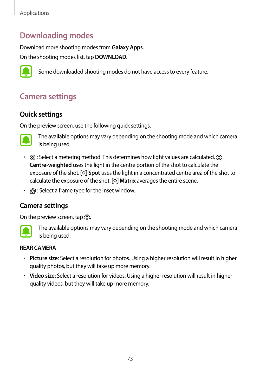 Samsung SM-T715NZWEXEF manual Downloading modes, Camera settings, Quick settings, Select a frame type for the inset window 