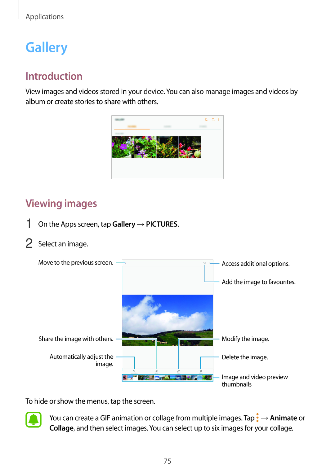 Samsung SM-T715NZKEXEO, SM-T815NZKEDBT manual Viewing images, On the Apps screen, tap Gallery →PICTURES Select an image 