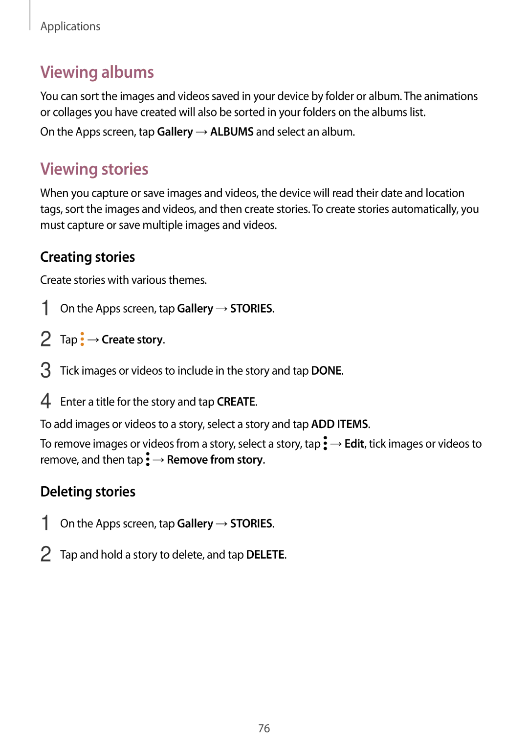 Samsung SM-T815NZWEPLS manual Viewing albums, Viewing stories, Creating stories, Deleting stories, Tap →Create story 