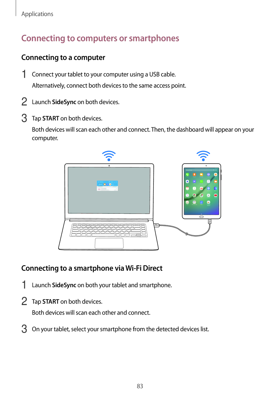 Samsung SM-T815NZKEITV, SM-T815NZKEDBT, SM-T815NZWEDBT Connecting to computers or smartphones, Connecting to a computer 