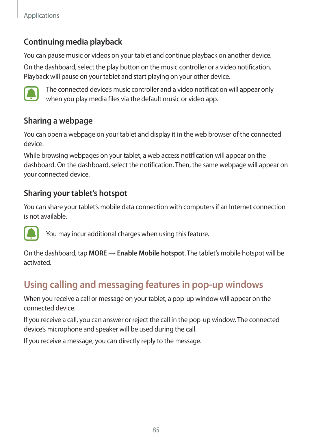 Samsung SM-T715NZWEPHE, SM-T815NZKEDBT manual Continuing media playback, Sharing a webpage, Sharing your tablet’s hotspot 