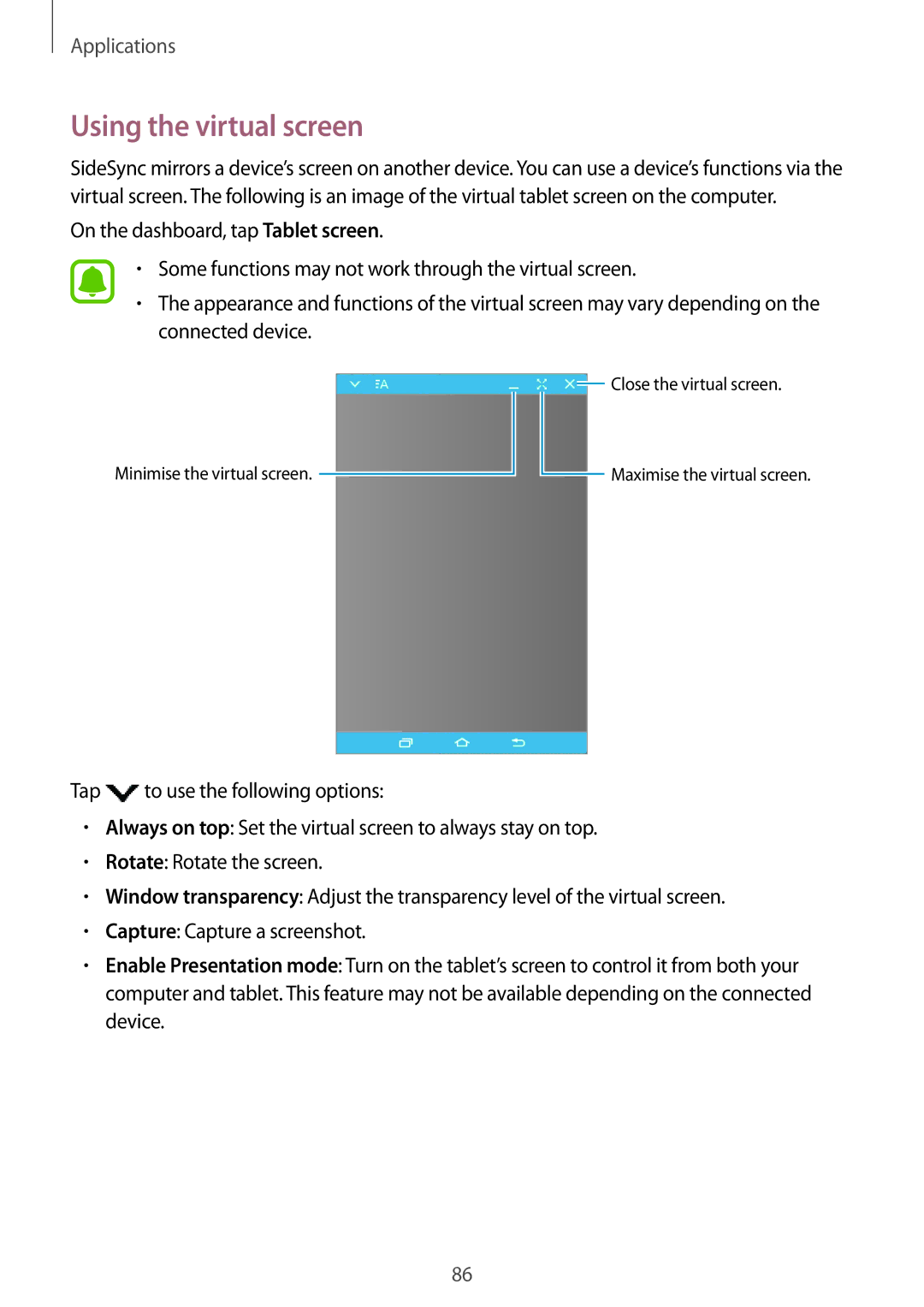 Samsung SM-T815NZWEPHE, SM-T815NZKEDBT, SM-T815NZWEDBT, SM-T715NZKEDBT, SM-T715NZWEDBT manual Using the virtual screen 