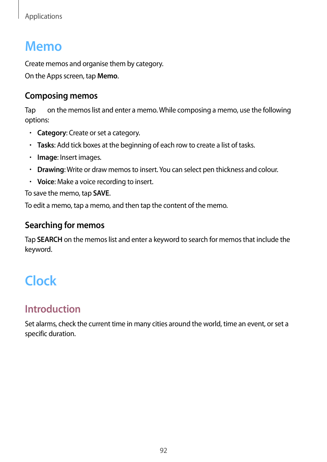 Samsung SM-T815YZWEXXV, SM-T815NZKEDBT, SM-T815NZWEDBT, SM-T715NZKEDBT Memo, Clock, Composing memos, Searching for memos 