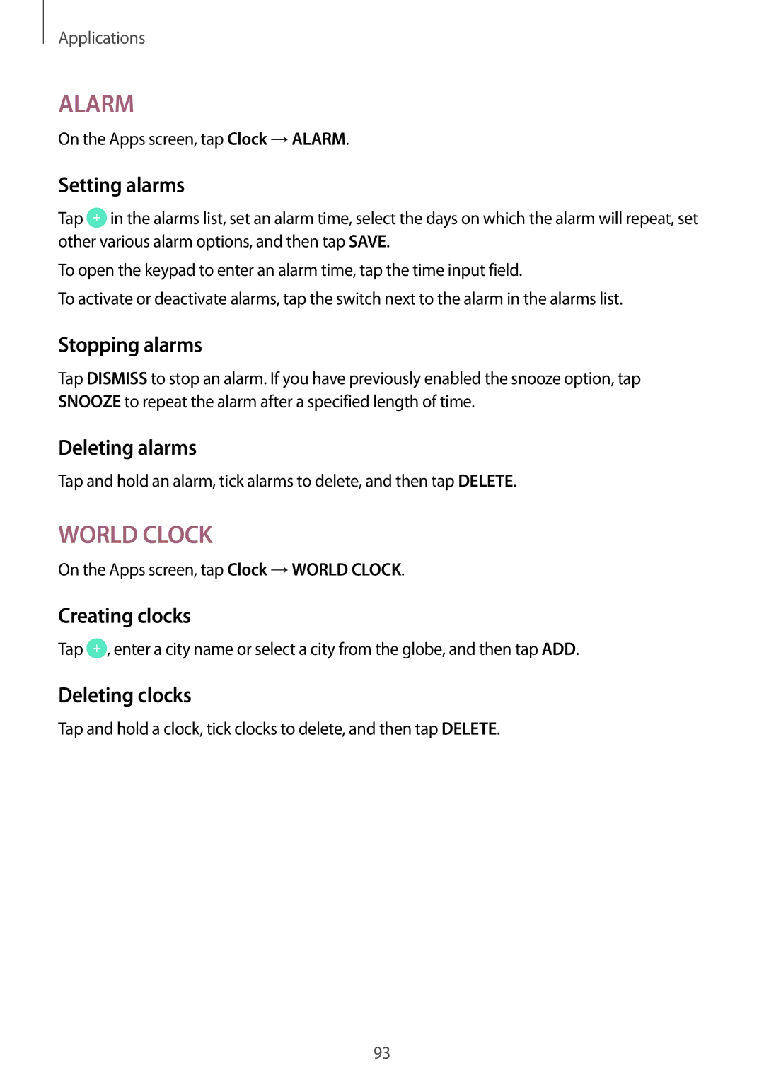 Samsung SM-T815YZKEXXV, SM-T815NZKEDBT Setting alarms, Stopping alarms, Deleting alarms, Creating clocks, Deleting clocks 