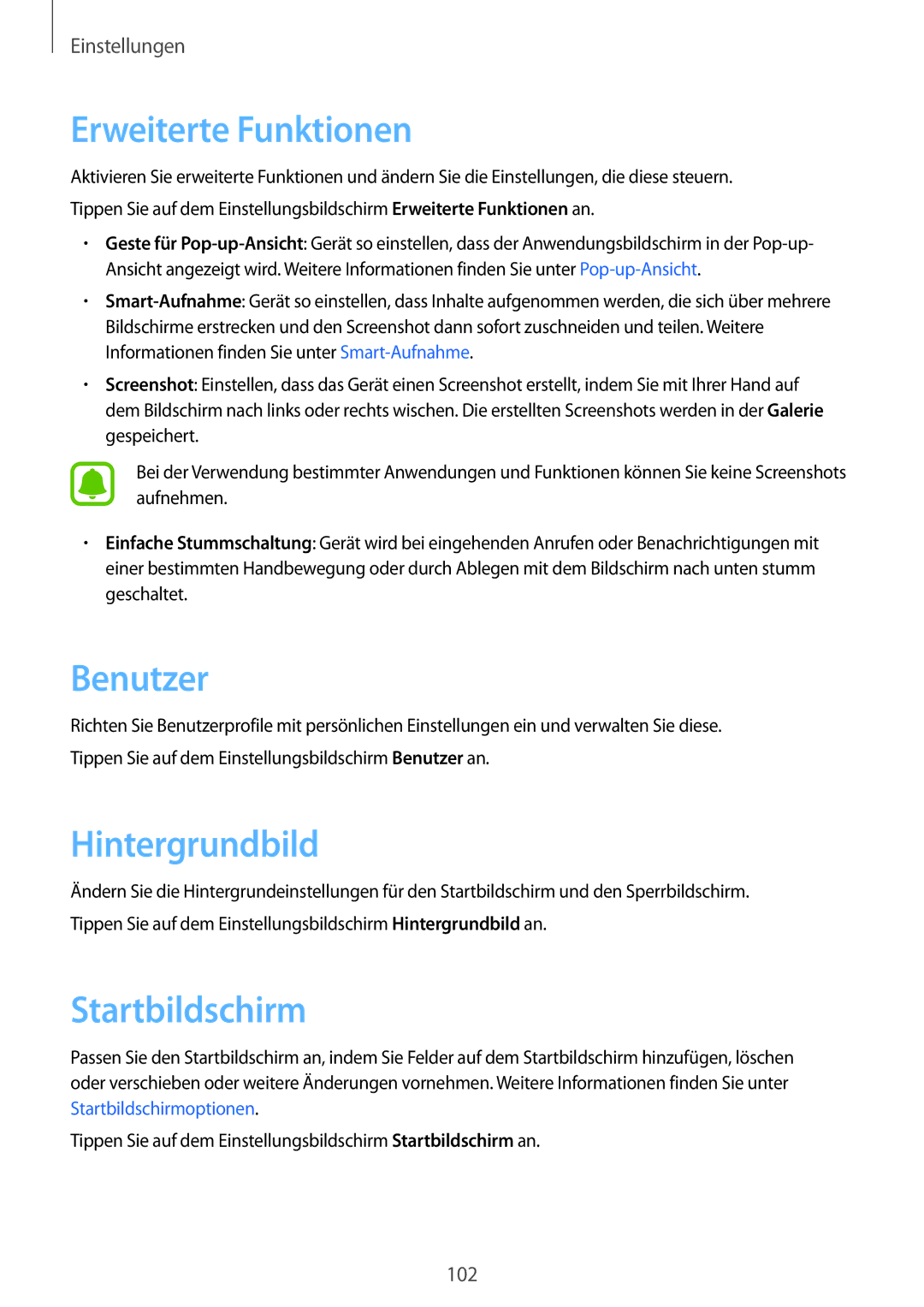 Samsung SM-T715NZKEDBT, SM-T815NZKEDBT, SM-T815NZWEDBT, SM-T715NZWEDBT manual Erweiterte Funktionen, Benutzer, Hintergrundbild 