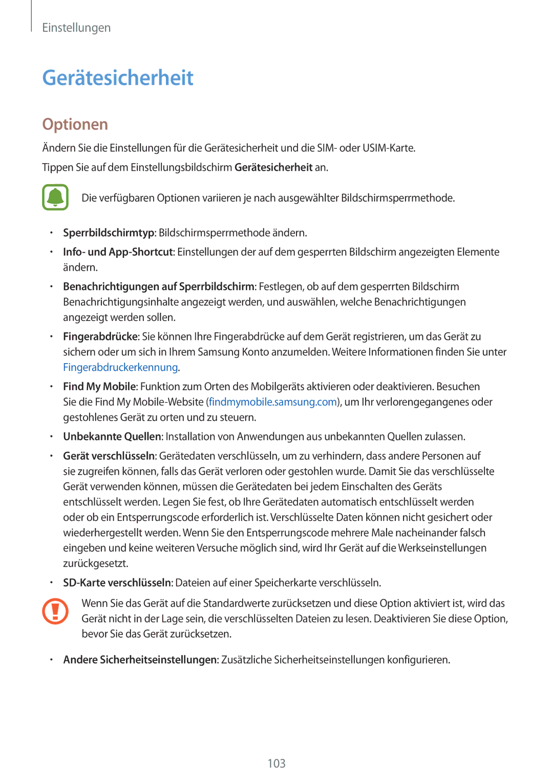 Samsung SM-T715NZWEDBT, SM-T815NZKEDBT, SM-T815NZWEDBT, SM-T715NZKEDBT manual Gerätesicherheit, Optionen 