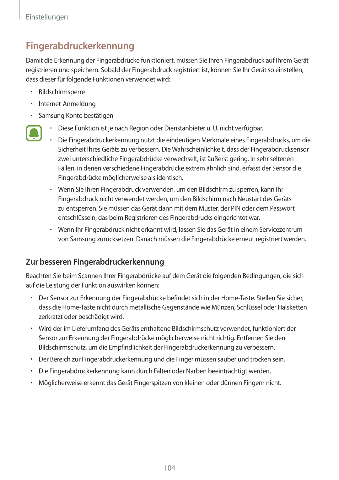 Samsung SM-T815NZKEDBT, SM-T815NZWEDBT, SM-T715NZKEDBT, SM-T715NZWEDBT manual Zur besseren Fingerabdruckerkennung 