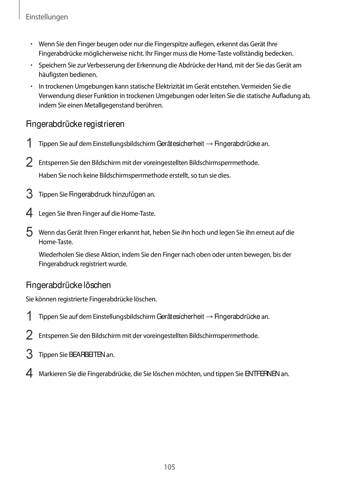 Samsung SM-T815NZWEDBT manual Fingerabdrücke registrieren, Fingerabdrücke löschen, Tippen Sie Fingerabdruck hinzufügen an 