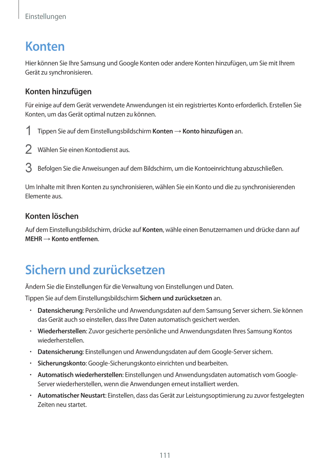 Samsung SM-T715NZWEDBT, SM-T815NZKEDBT, SM-T815NZWEDBT manual Sichern und zurücksetzen, Konten hinzufügen, Konten löschen 