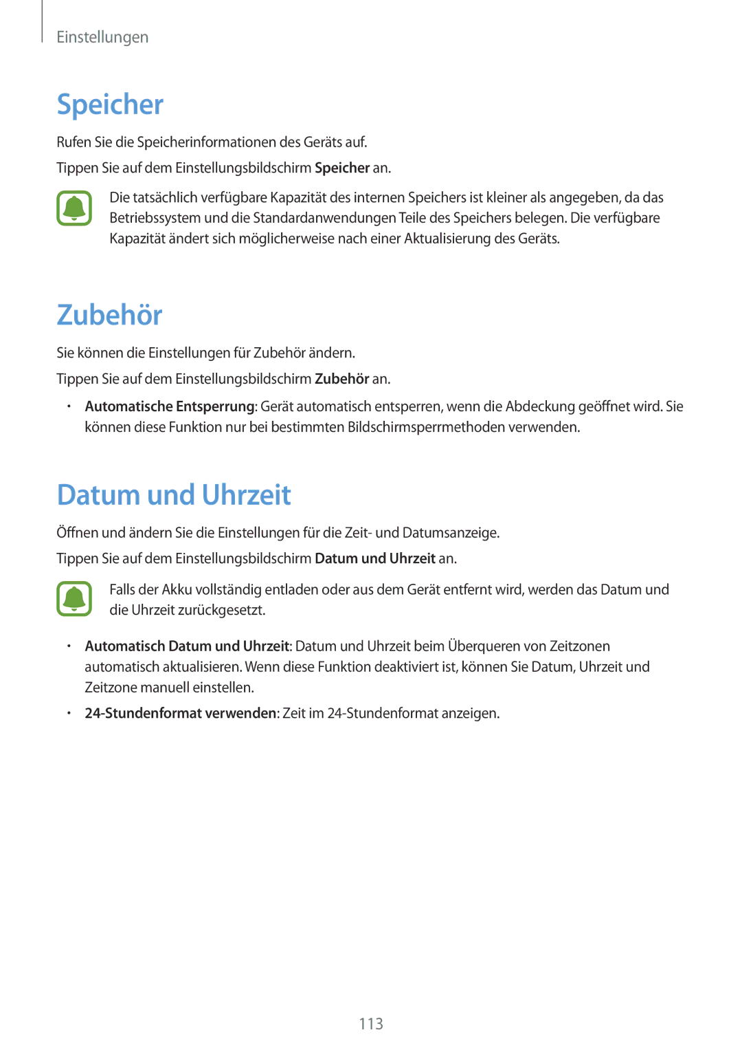 Samsung SM-T815NZWEDBT, SM-T815NZKEDBT, SM-T715NZKEDBT, SM-T715NZWEDBT manual Speicher, Zubehör, Datum und Uhrzeit 