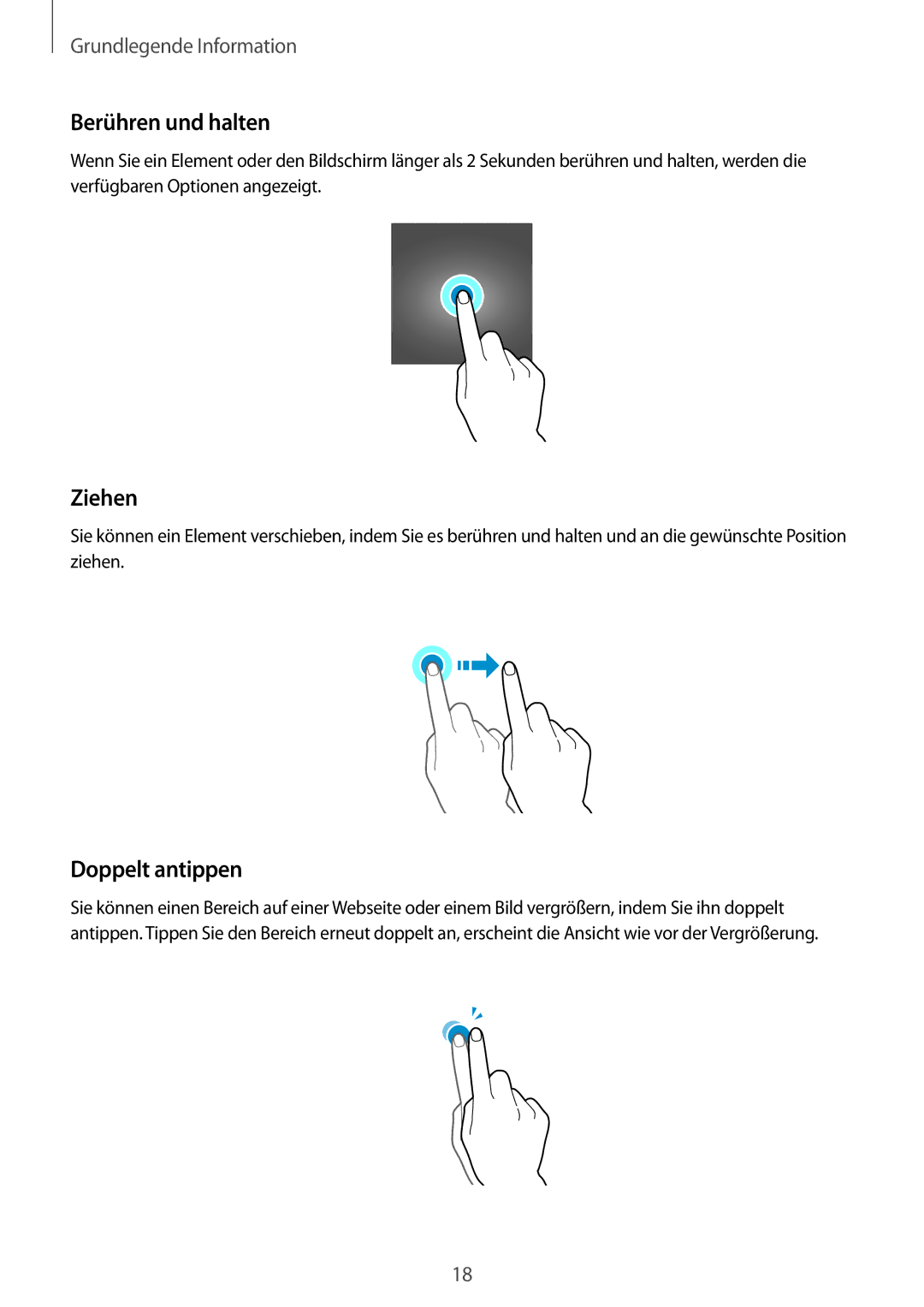 Samsung SM-T715NZKEDBT, SM-T815NZKEDBT, SM-T815NZWEDBT, SM-T715NZWEDBT manual Berühren und halten, Ziehen, Doppelt antippen 