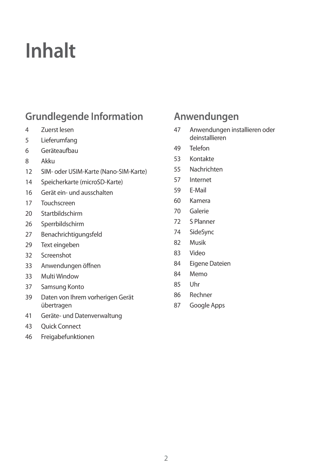 Samsung SM-T715NZKEDBT, SM-T815NZKEDBT, SM-T815NZWEDBT, SM-T715NZWEDBT manual Inhalt 