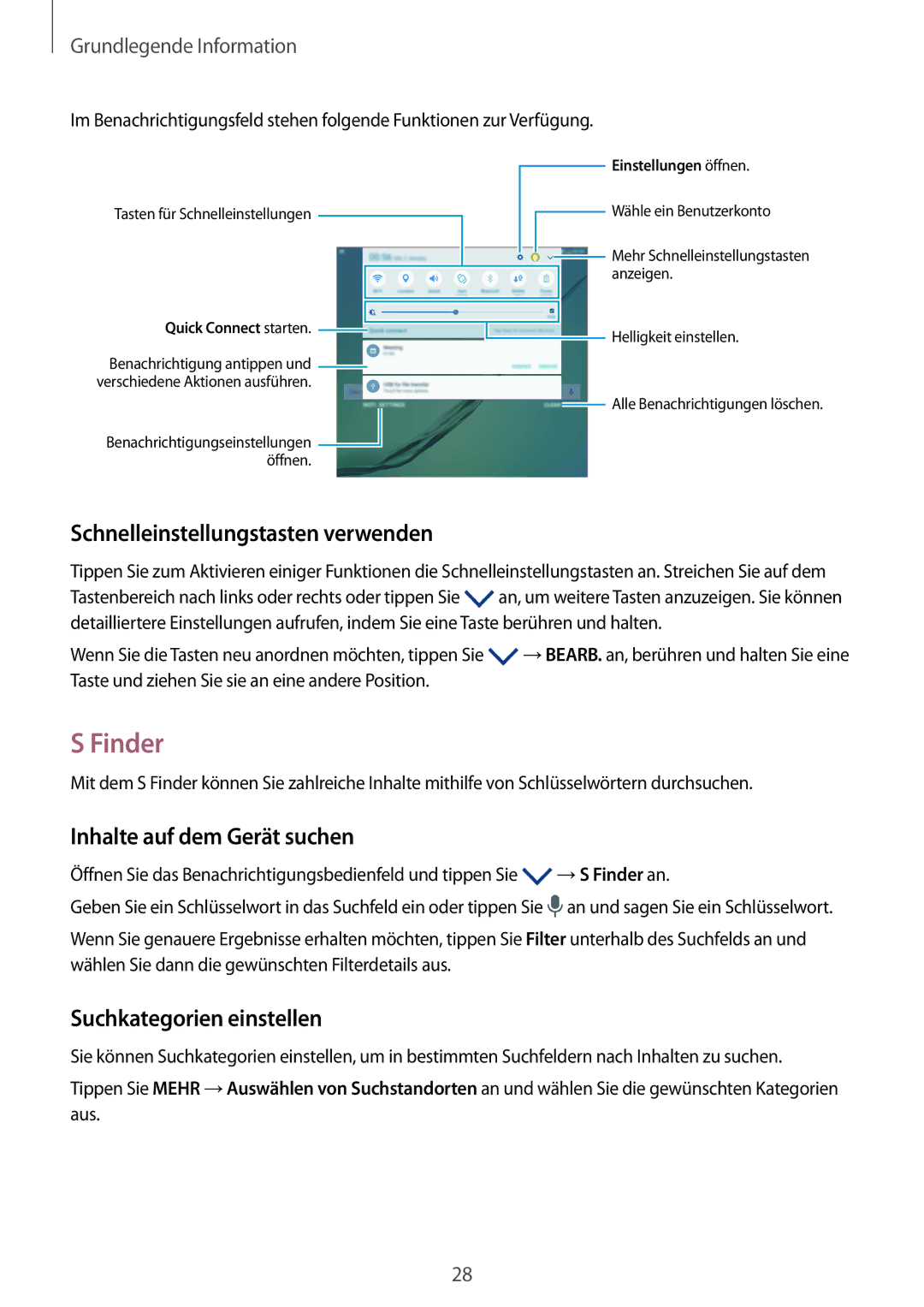 Samsung SM-T815NZKEDBT, SM-T815NZWEDBT manual Finder, Schnelleinstellungstasten verwenden, Inhalte auf dem Gerät suchen 