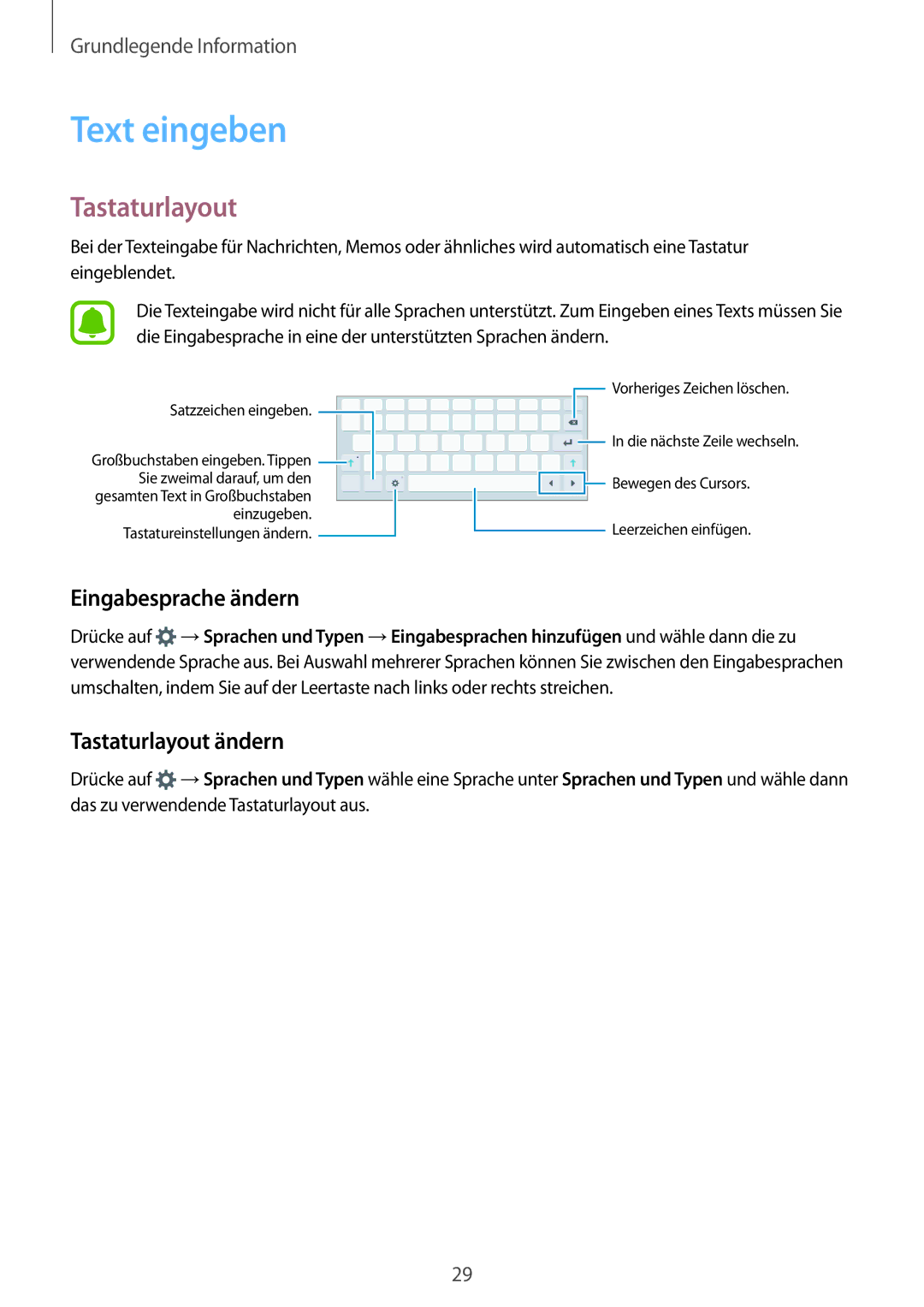 Samsung SM-T815NZWEDBT, SM-T815NZKEDBT, SM-T715NZKEDBT manual Text eingeben, Eingabesprache ändern, Tastaturlayout ändern 