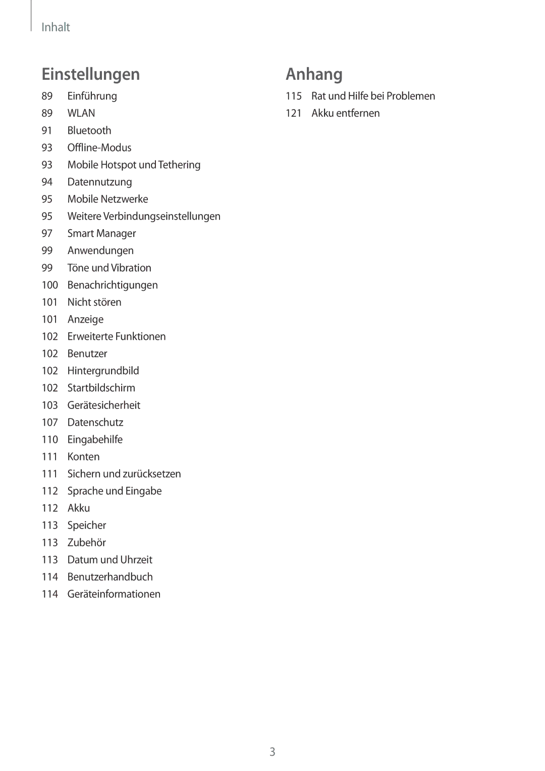 Samsung SM-T715NZWEDBT, SM-T815NZKEDBT, SM-T815NZWEDBT, SM-T715NZKEDBT manual EinstellungenAnhang 