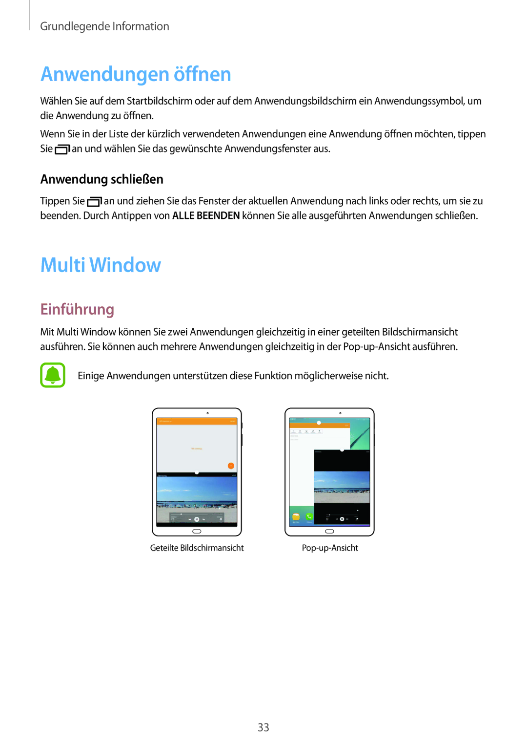 Samsung SM-T815NZWEDBT, SM-T815NZKEDBT, SM-T715NZKEDBT Anwendungen öffnen, Multi Window, Einführung, Anwendung schließen 