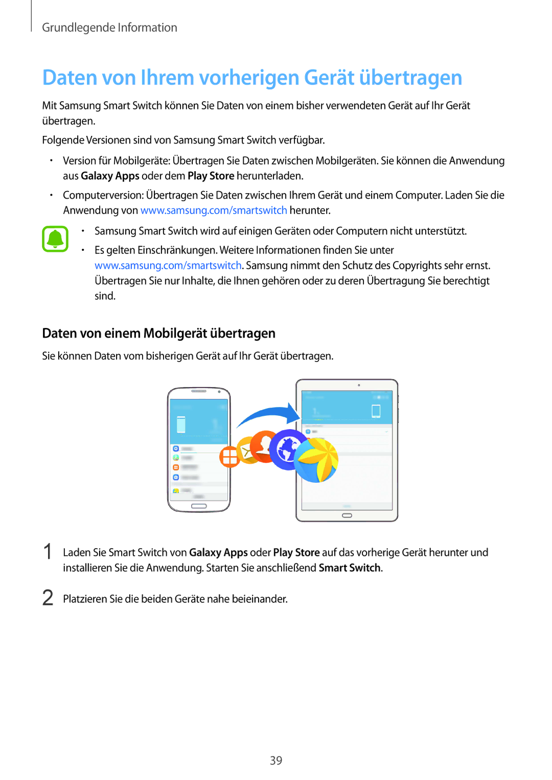 Samsung SM-T715NZWEDBT, SM-T815NZKEDBT Daten von Ihrem vorherigen Gerät übertragen, Daten von einem Mobilgerät übertragen 