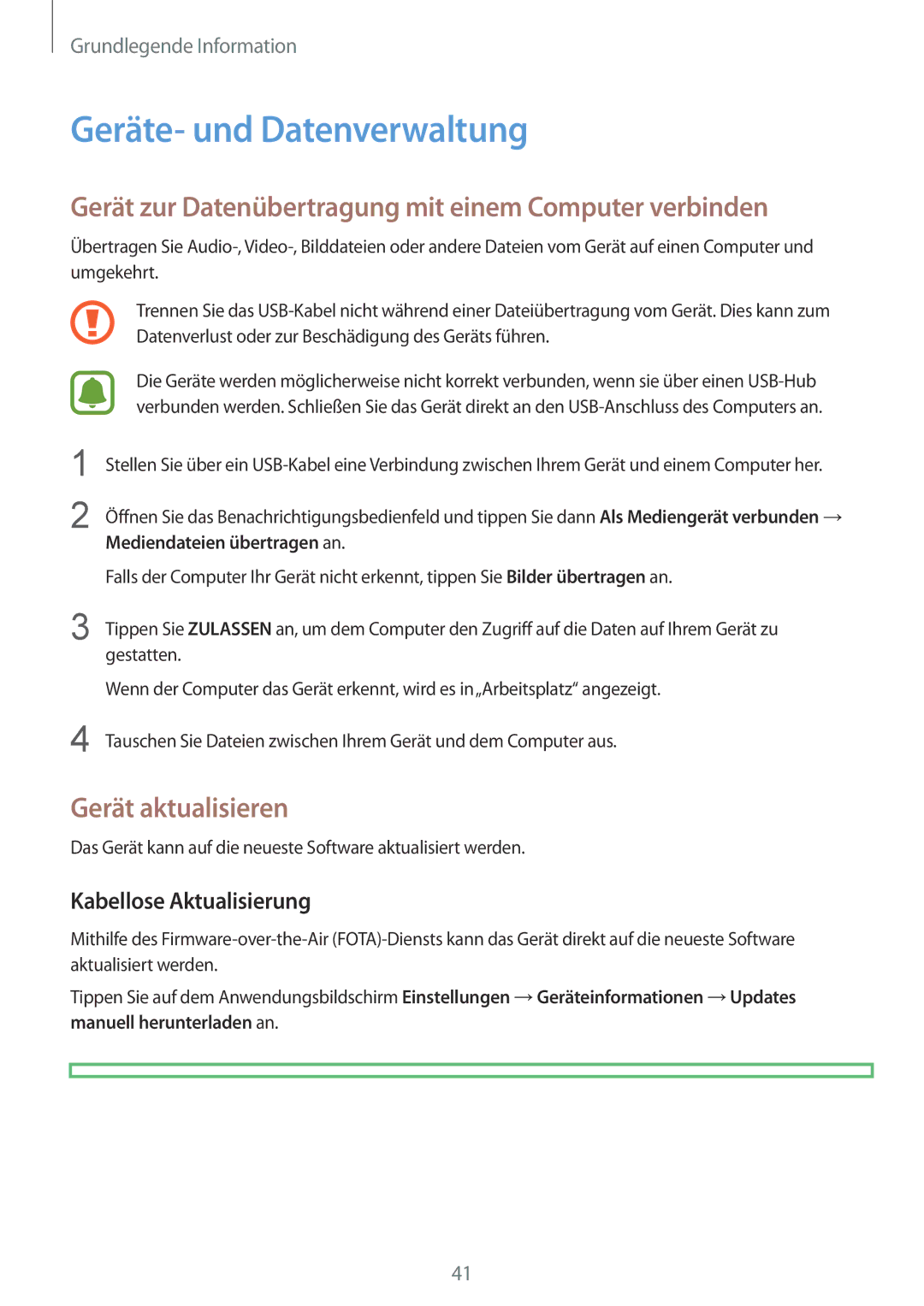 Samsung SM-T815NZWEDBT manual Geräte- und Datenverwaltung, Gerät zur Datenübertragung mit einem Computer verbinden 