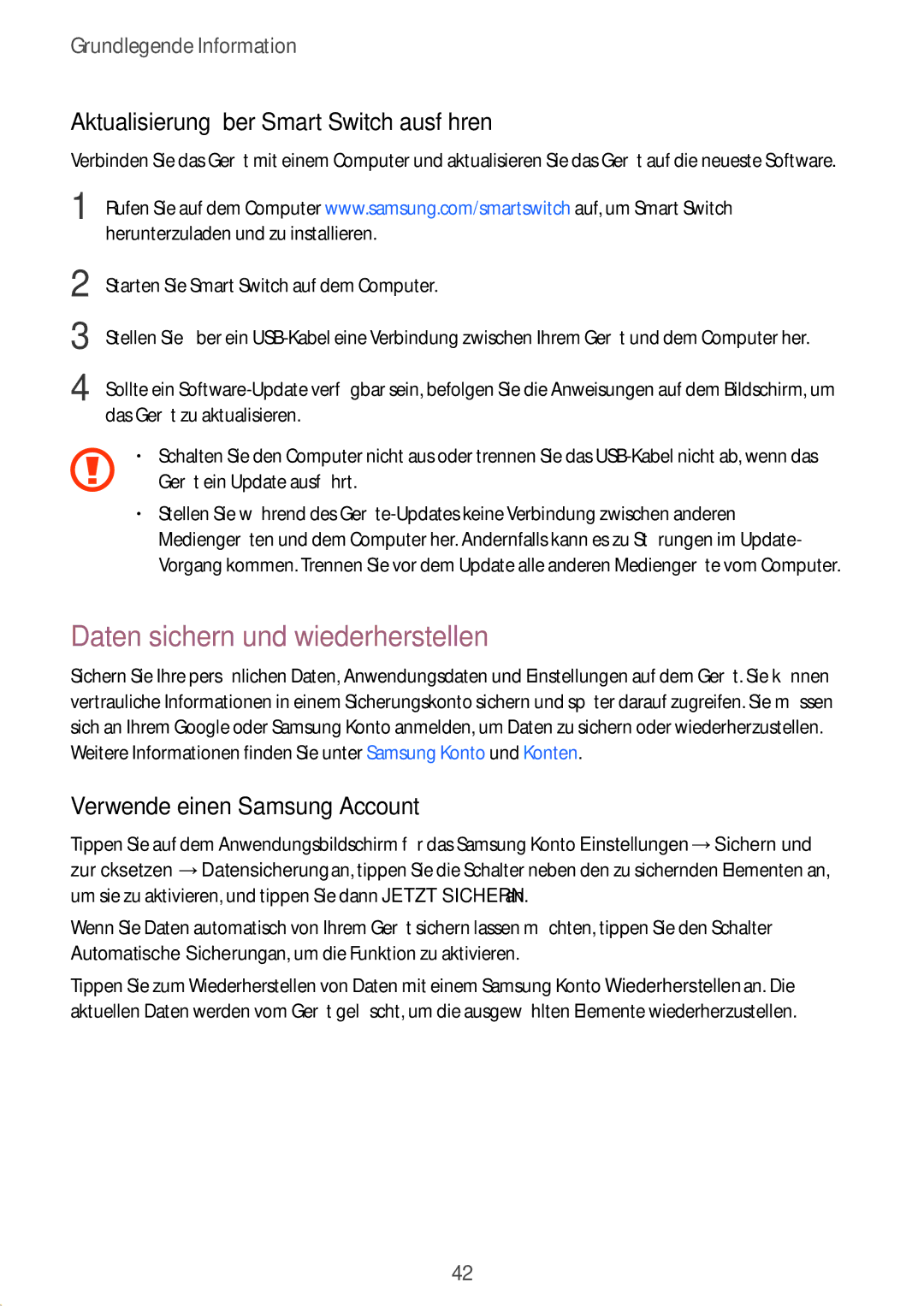 Samsung SM-T715NZKEDBT, SM-T815NZKEDBT manual Daten sichern und wiederherstellen, Aktualisierung über Smart Switch ausführen 