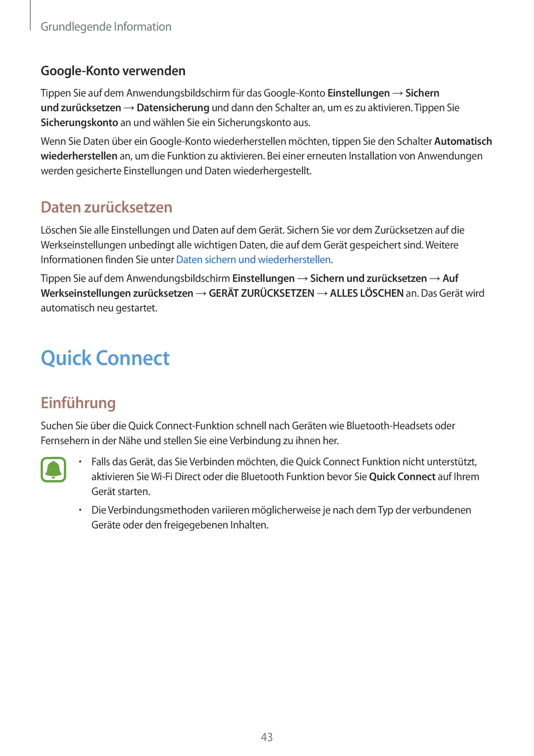 Samsung SM-T715NZWEDBT, SM-T815NZKEDBT, SM-T815NZWEDBT manual Quick Connect, Daten zurücksetzen, Google-Konto verwenden 
