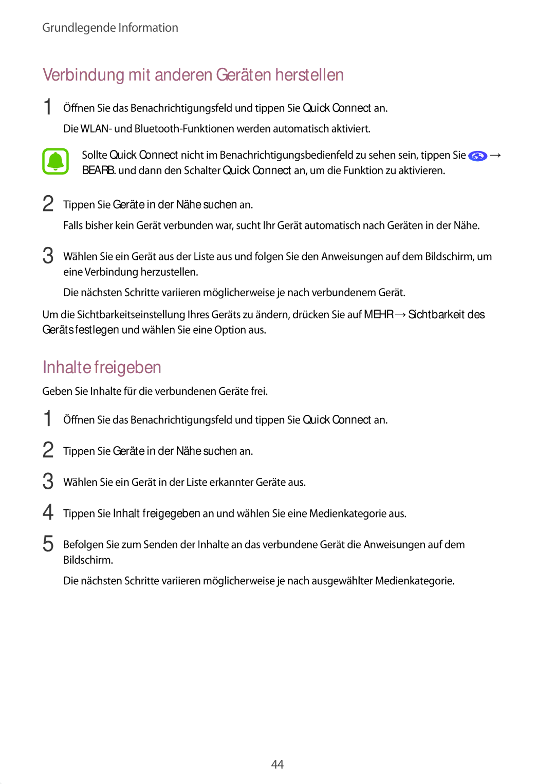 Samsung SM-T815NZKEDBT, SM-T815NZWEDBT, SM-T715NZKEDBT manual Verbindung mit anderen Geräten herstellen, Inhalte freigeben 