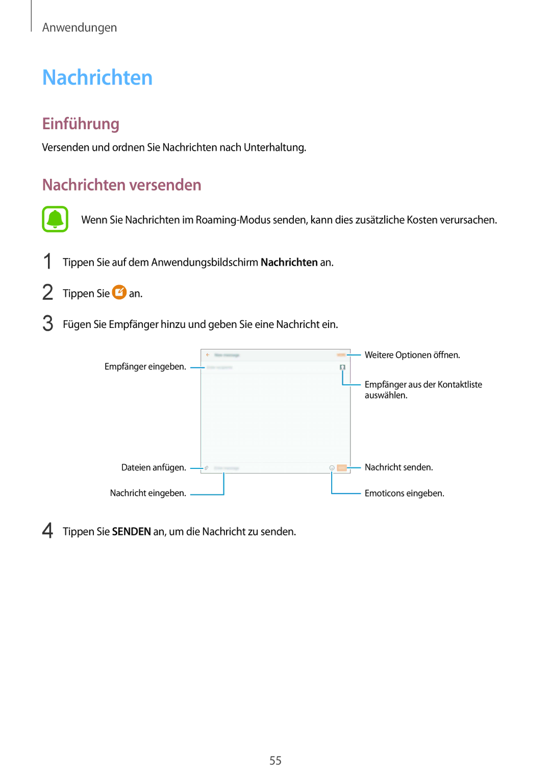 Samsung SM-T715NZWEDBT, SM-T815NZKEDBT, SM-T815NZWEDBT, SM-T715NZKEDBT manual Nachrichten versenden 