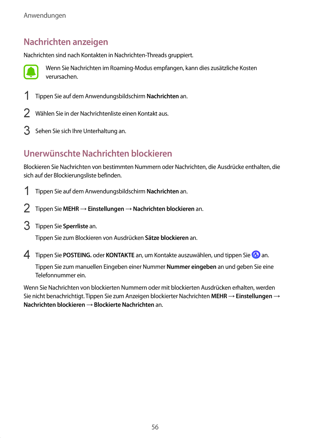 Samsung SM-T815NZKEDBT, SM-T815NZWEDBT, SM-T715NZKEDBT manual Nachrichten anzeigen, Unerwünschte Nachrichten blockieren 