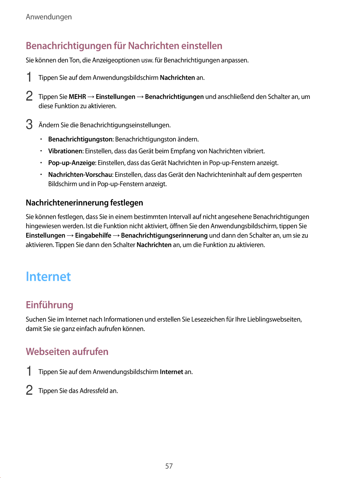 Samsung SM-T815NZWEDBT, SM-T815NZKEDBT manual Internet, Benachrichtigungen für Nachrichten einstellen, Webseiten aufrufen 