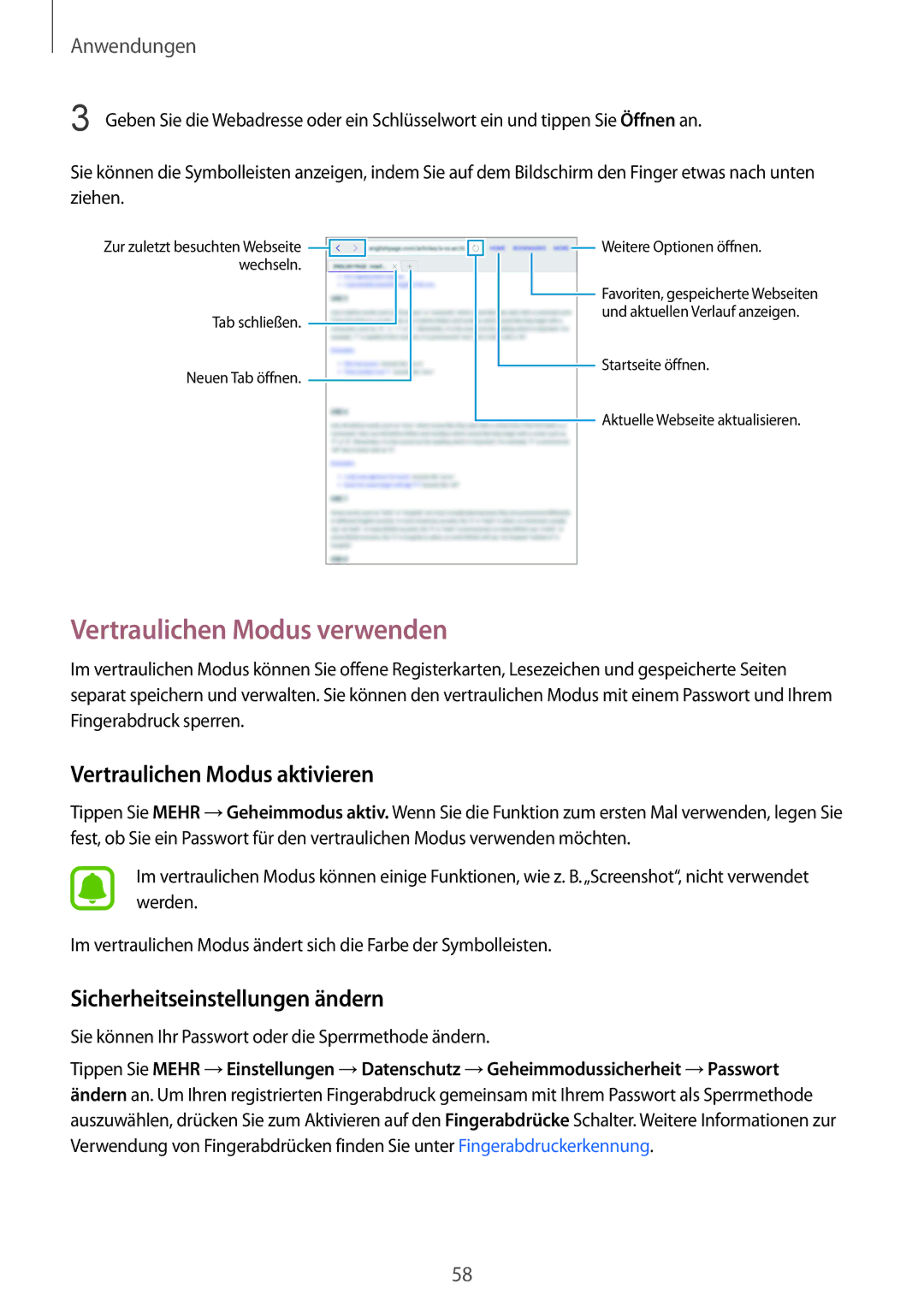 Samsung SM-T715NZKEDBT Vertraulichen Modus verwenden, Vertraulichen Modus aktivieren, Sicherheitseinstellungen ändern 