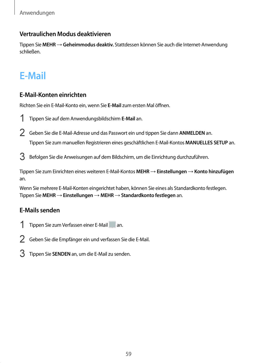 Samsung SM-T715NZWEDBT, SM-T815NZKEDBT manual Vertraulichen Modus deaktivieren, Mail-Konten einrichten, Mails senden 