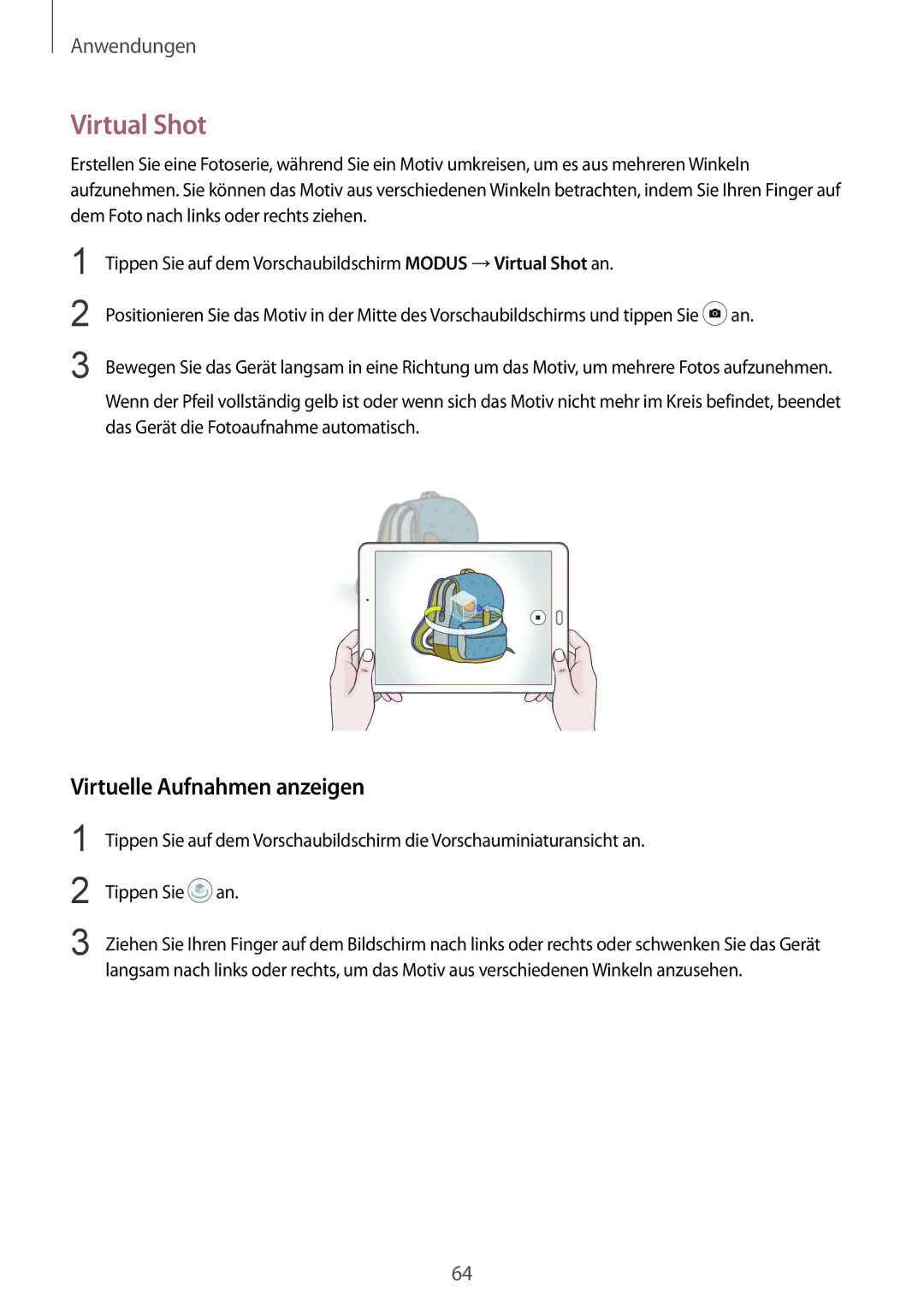 Samsung SM-T815NZKEDBT, SM-T815NZWEDBT, SM-T715NZKEDBT, SM-T715NZWEDBT manual Virtual Shot, Virtuelle Aufnahmen anzeigen 