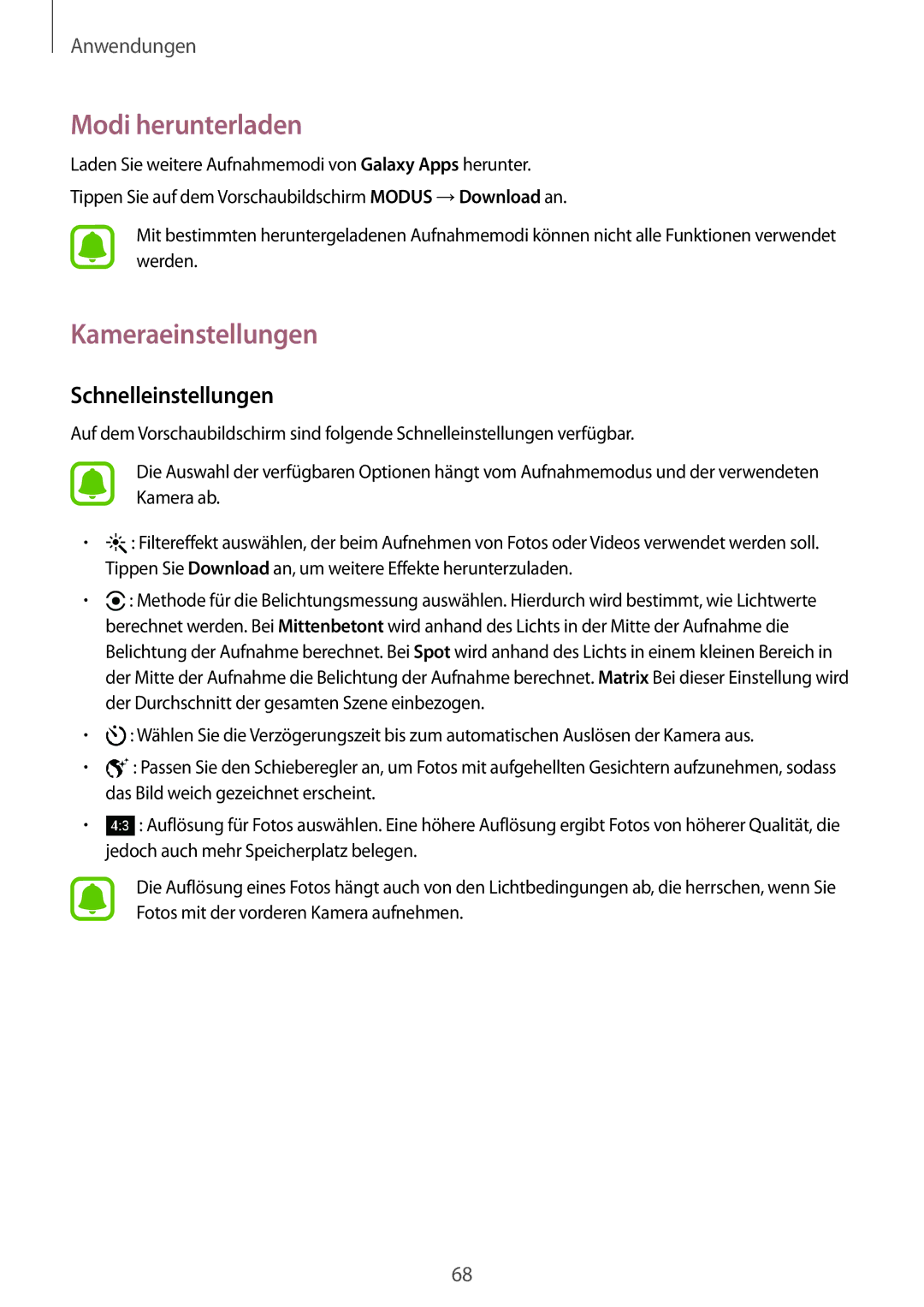 Samsung SM-T815NZKEDBT, SM-T815NZWEDBT, SM-T715NZKEDBT manual Modi herunterladen, Kameraeinstellungen, Schnelleinstellungen 