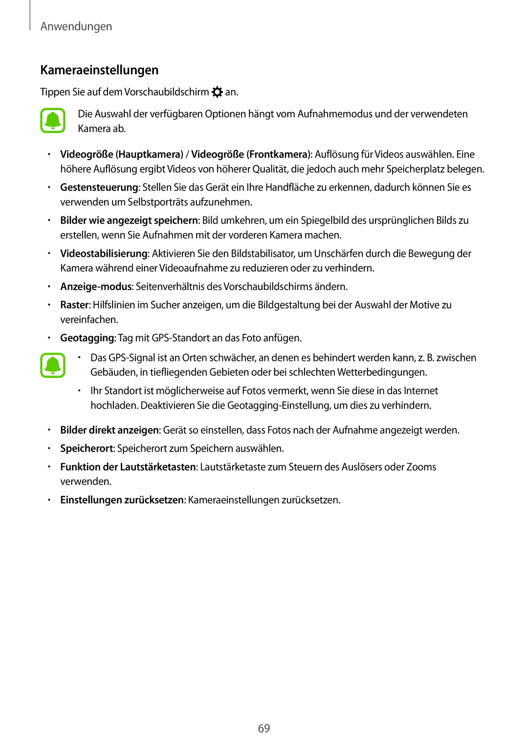 Samsung SM-T815NZWEDBT, SM-T815NZKEDBT, SM-T715NZKEDBT, SM-T715NZWEDBT manual Kameraeinstellungen 