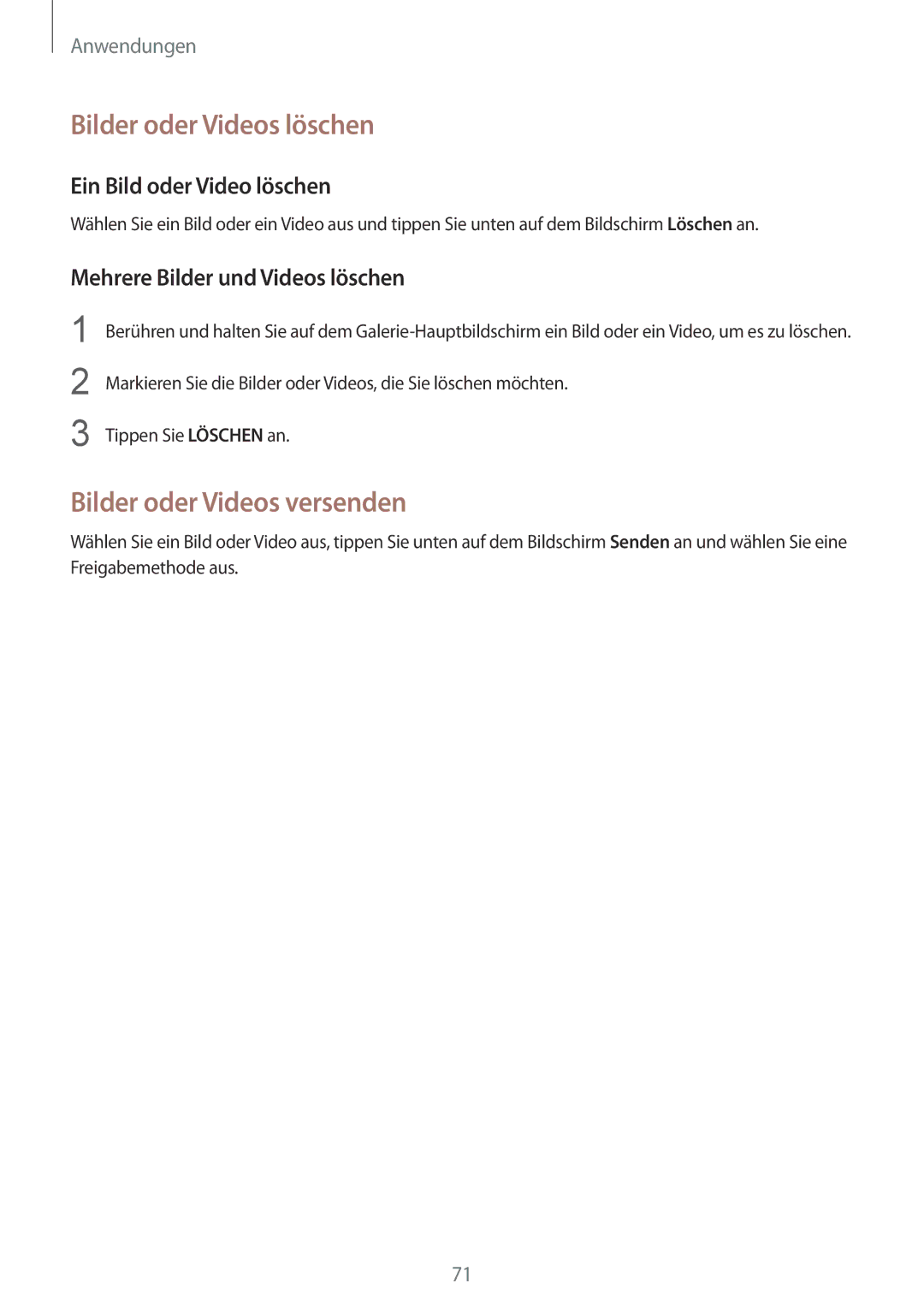 Samsung SM-T715NZWEDBT manual Bilder oder Videos löschen, Bilder oder Videos versenden, Ein Bild oder Video löschen 